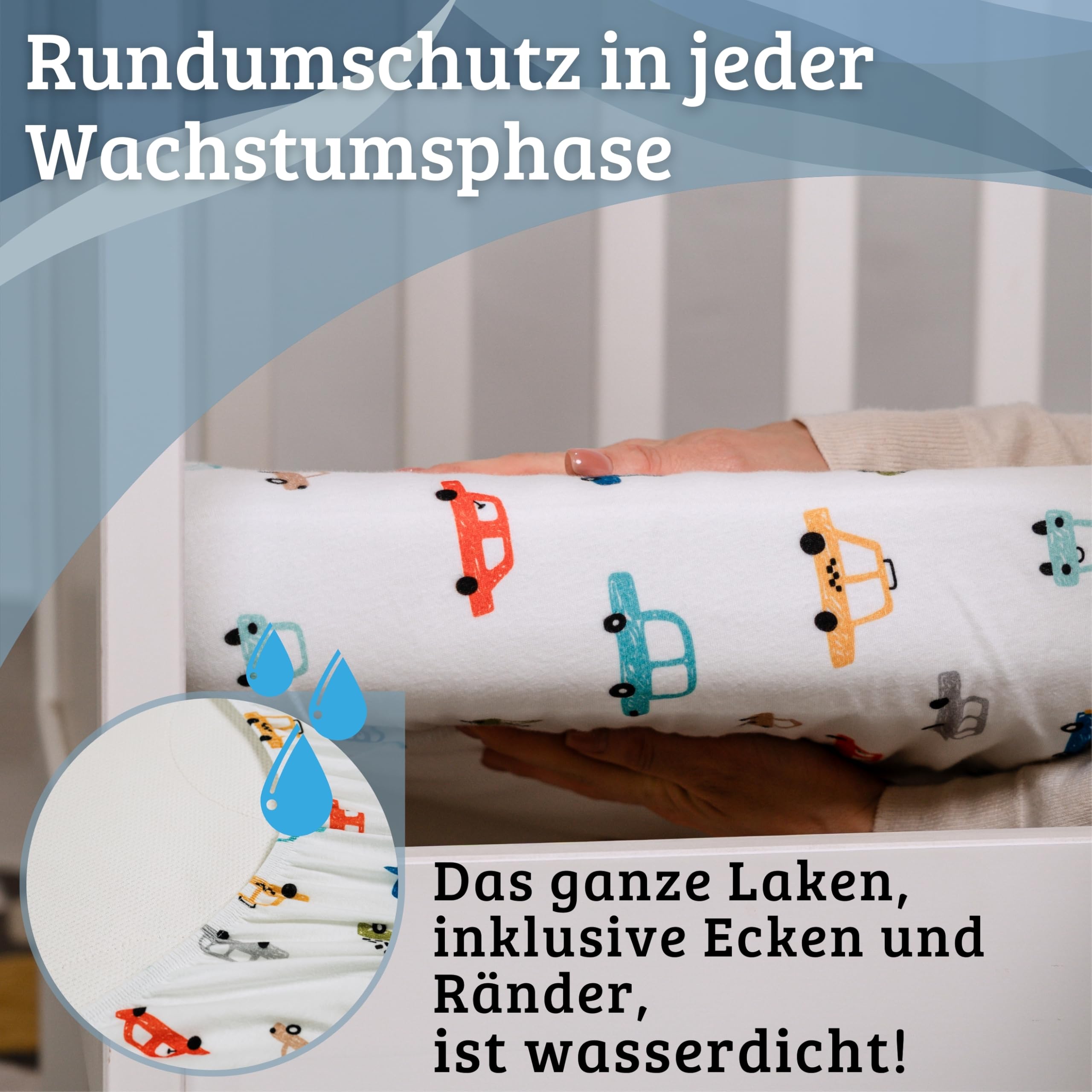Bisoo Zauberlaken Spannbettlaken 35x75 Buchstaben + Autos für Kinderwagen | Laken und Matratzenschoner in einem Stück, Ersparnis, Wasserdicht, Atmungsaktiv, Geräuschlos, Baumwoll-Jersey Oeko-Tex