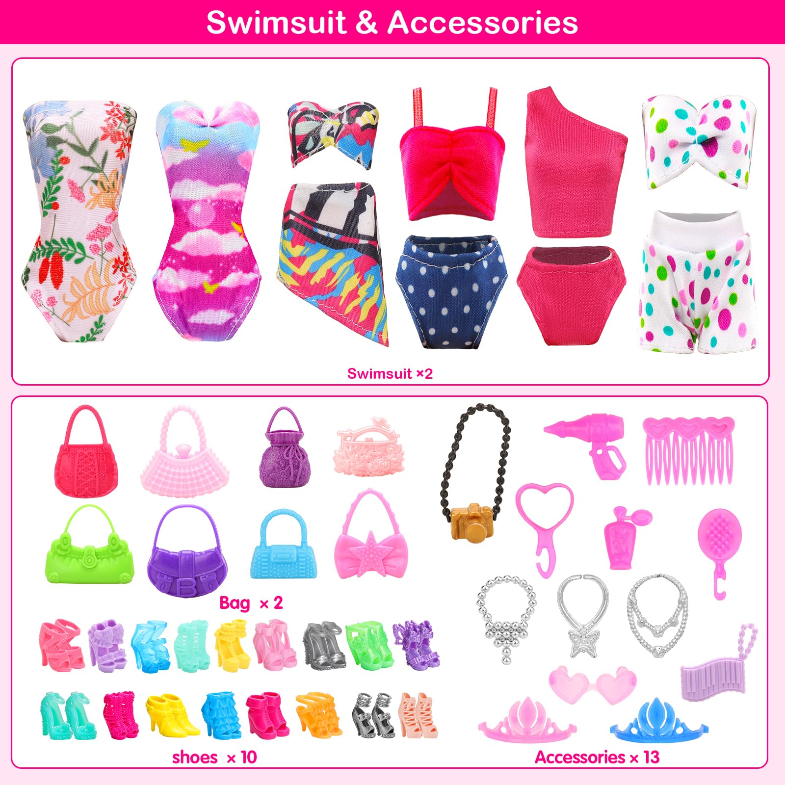 58 Piezas para Muñecas De 11,5 Pulgadas Y 30 Centímetros: 2 Vestidos De Novia + 2 Ropas + 2 Pantalones + 2 Trajes de baño + 12 Vestidos De Moda + 10 PCS (20) Zapatos + 18 Accesorios