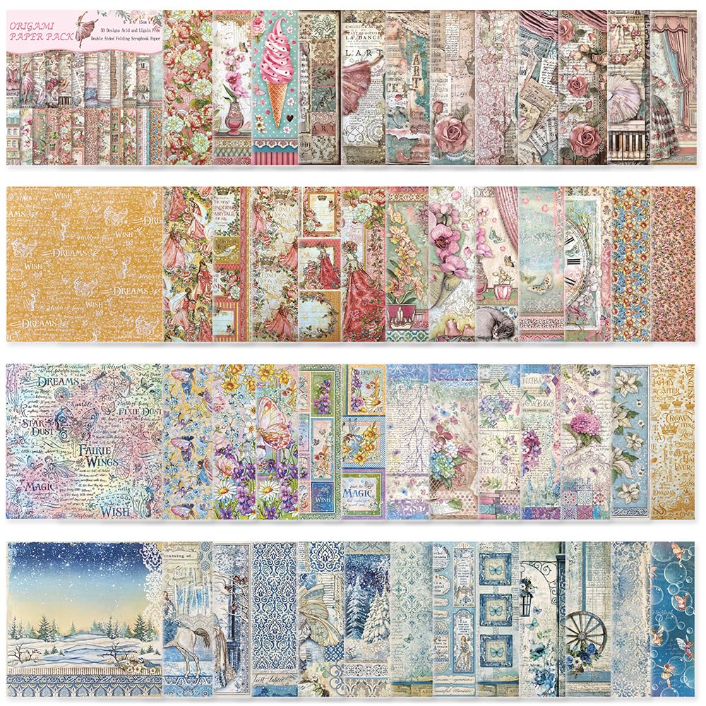 Kit de papel para origami, 50 hojas de 70 g/m², 6 pulgadas cuadradas, doble cara, 50 colores vivos japoneses Washi Chiyo para manualidades, arte en papel para origami, creatividad, hadas de las flores