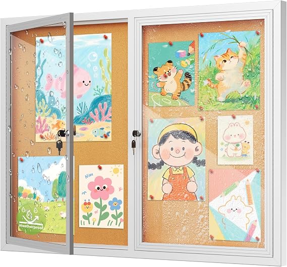 Large 48x36 Enclosed Bulletin Board Outdoor, Weatherproof Lockable Cork Board with Two Acrylic Doors & Aluminum Frame, Tamper-Proof Notice Display Case for Office, School, Community (10xA4)