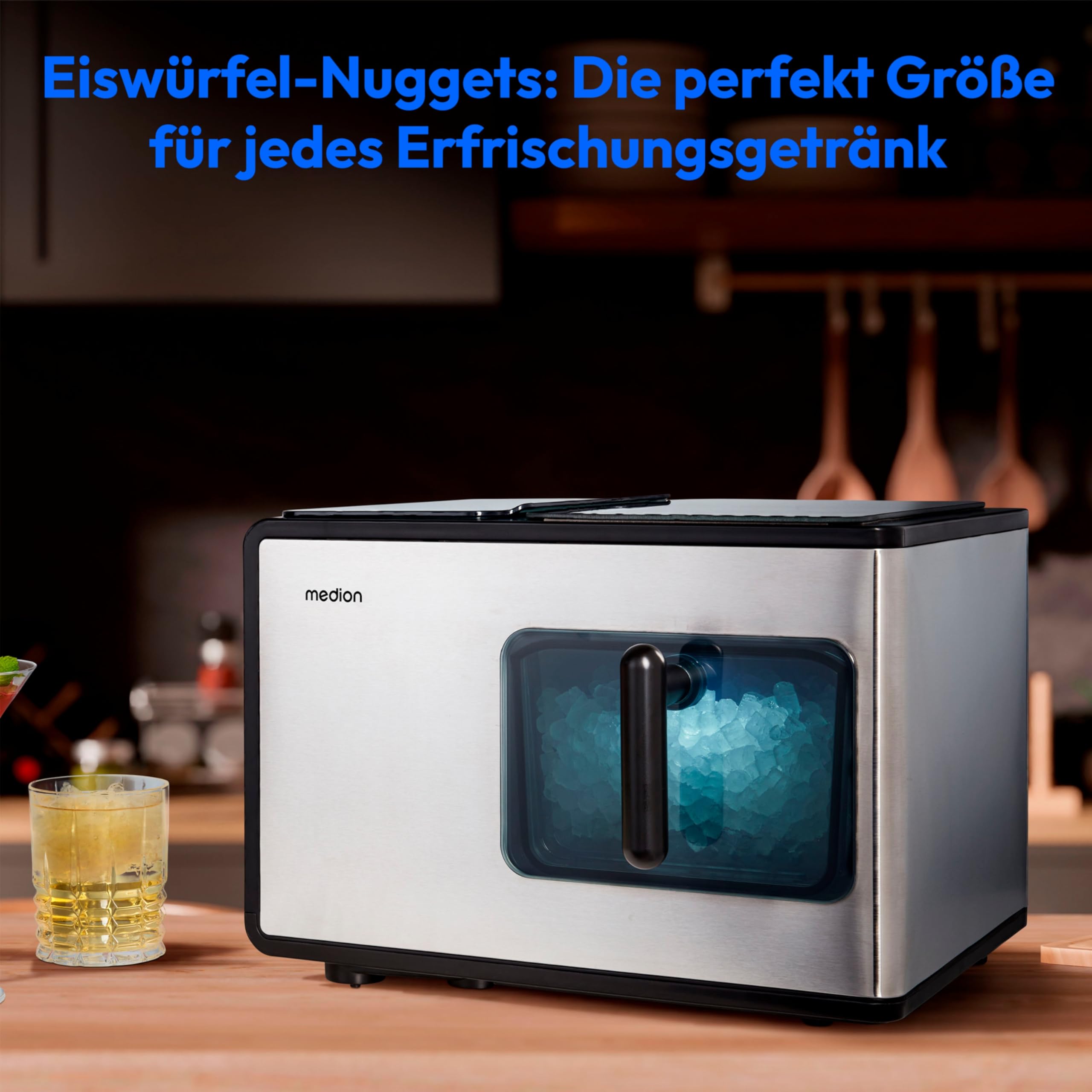 MEDION Eiswürfelmaschine (Nugget Eiswürfel, Crushed Ice, perfekt für Getränke & Cocktails, 2 Liter Tank, bis zu 15kg Eiswürfel, kurze Produktionsdauer ca. 5 Min., selbst reinigend, MD11960)