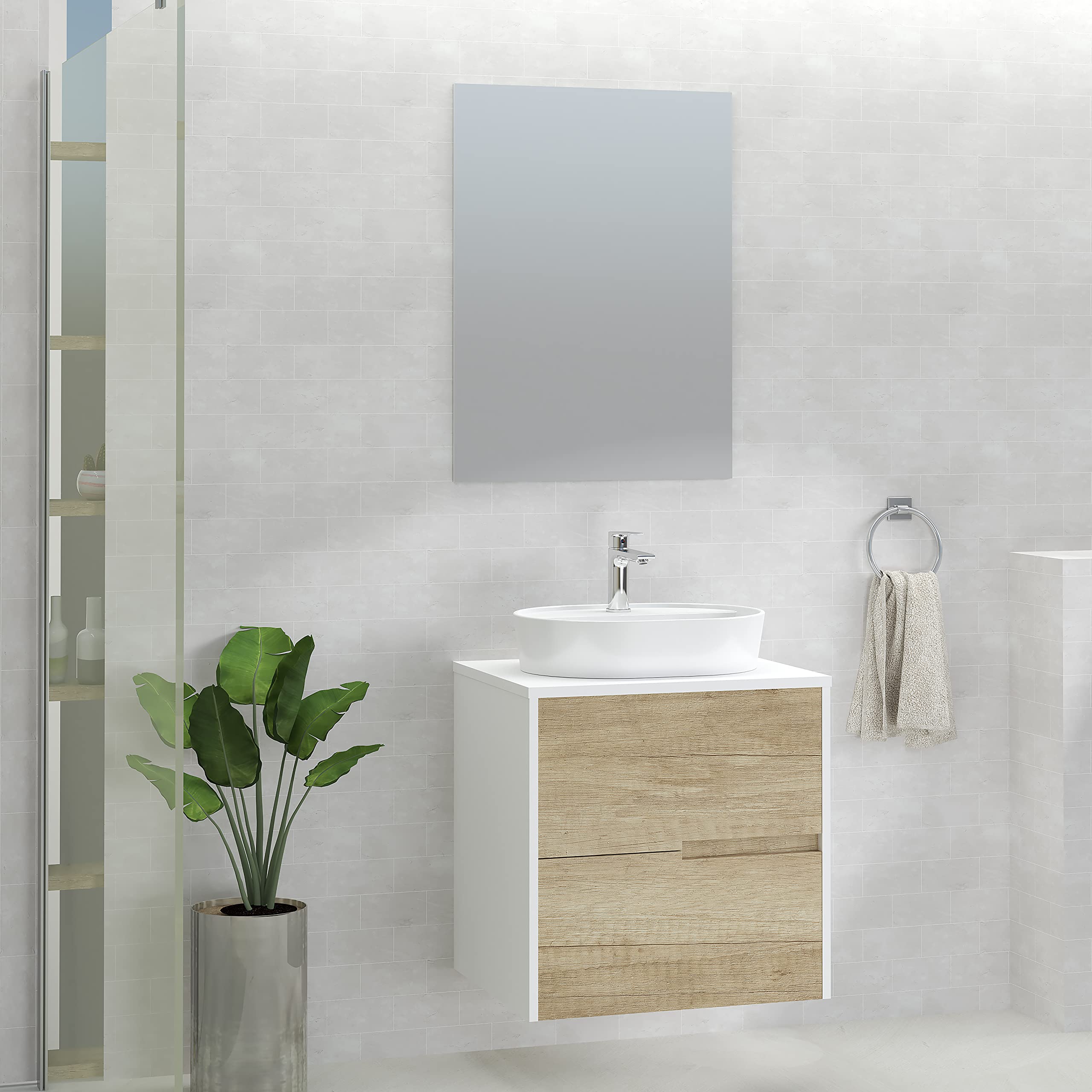 Baikal Mobile da bagno Gavin, 2 cassetti, mobile sospeso a parete, con lavabo in ceramica su piano di lavoro, varie finiture e misure, mobile montato senza specchio 60 cm Nature