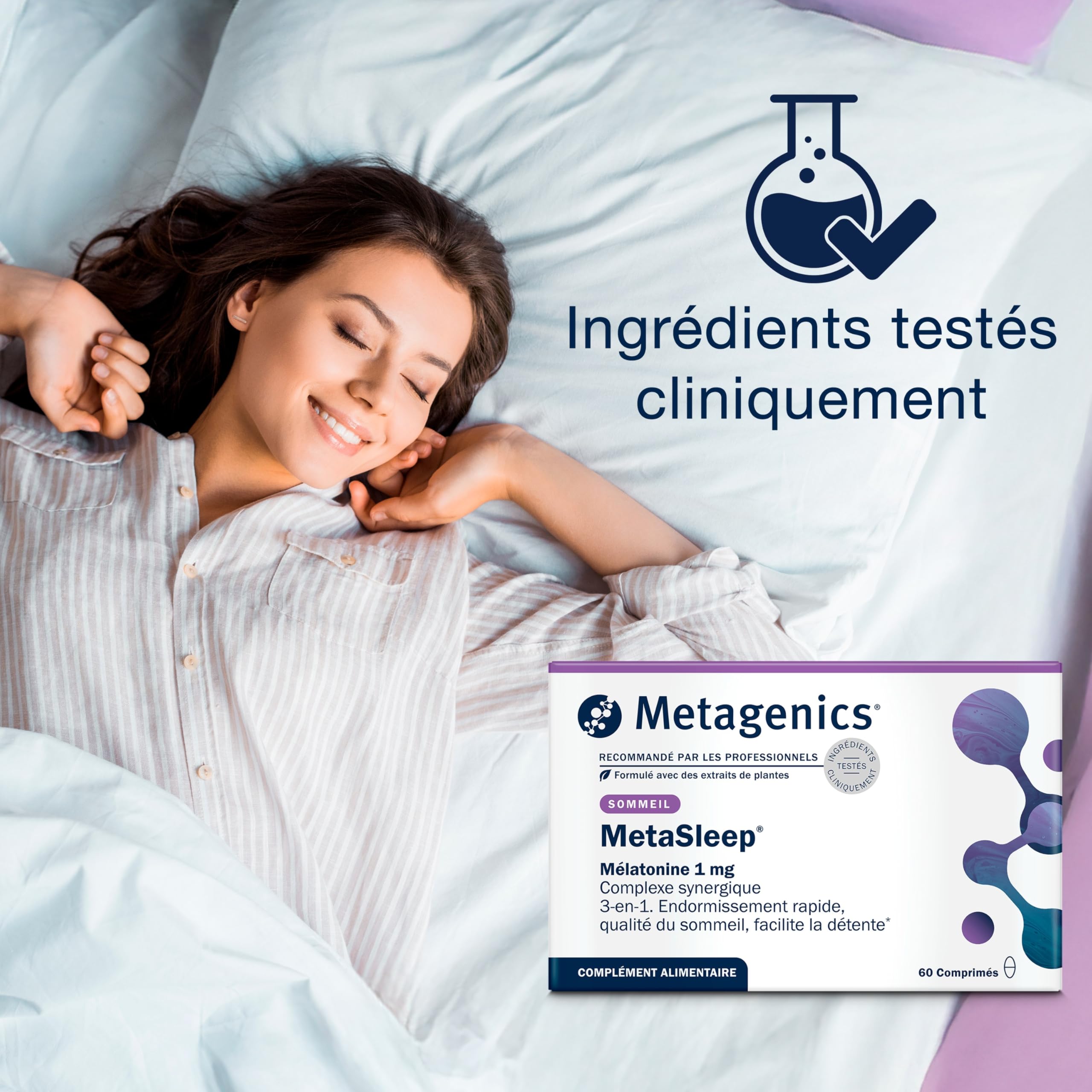 Metagenics MetaSleep - Complément Alimentaire Mélatonine 1 mg, Valériane, Mélisse, Magnésium, Vitamines B6 & B12 - Sommeil Réparateur & Relaxation - Végan - 60 Comprimés