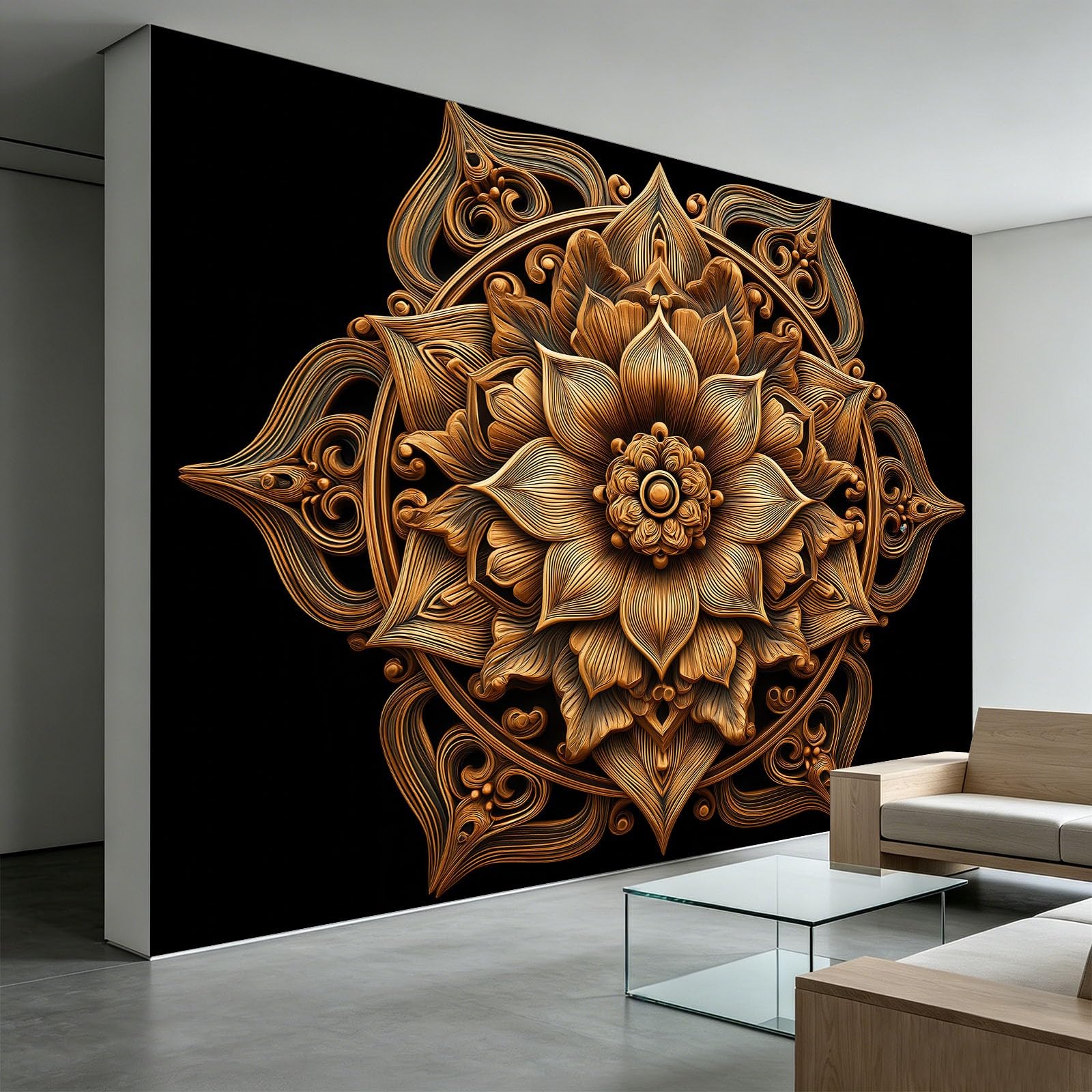Papel pintado 3D efecto mandala loto 300 x 210 cm XXL Fotomural Dormitorio Simétrico Geométrico Papel Pintado Salón Pared Decoración Pasillo Aesthetic Murales