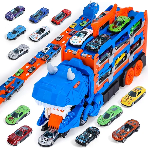 MUGEYMYD Dinosaur Toys Car Race Track Set for Toddlers 3-12, City Transport Truck with 12 Die-Cast Cars, Transforming Dino Truck Set with Foldable Tracks and Swallow, Gift for Boys and Girls.