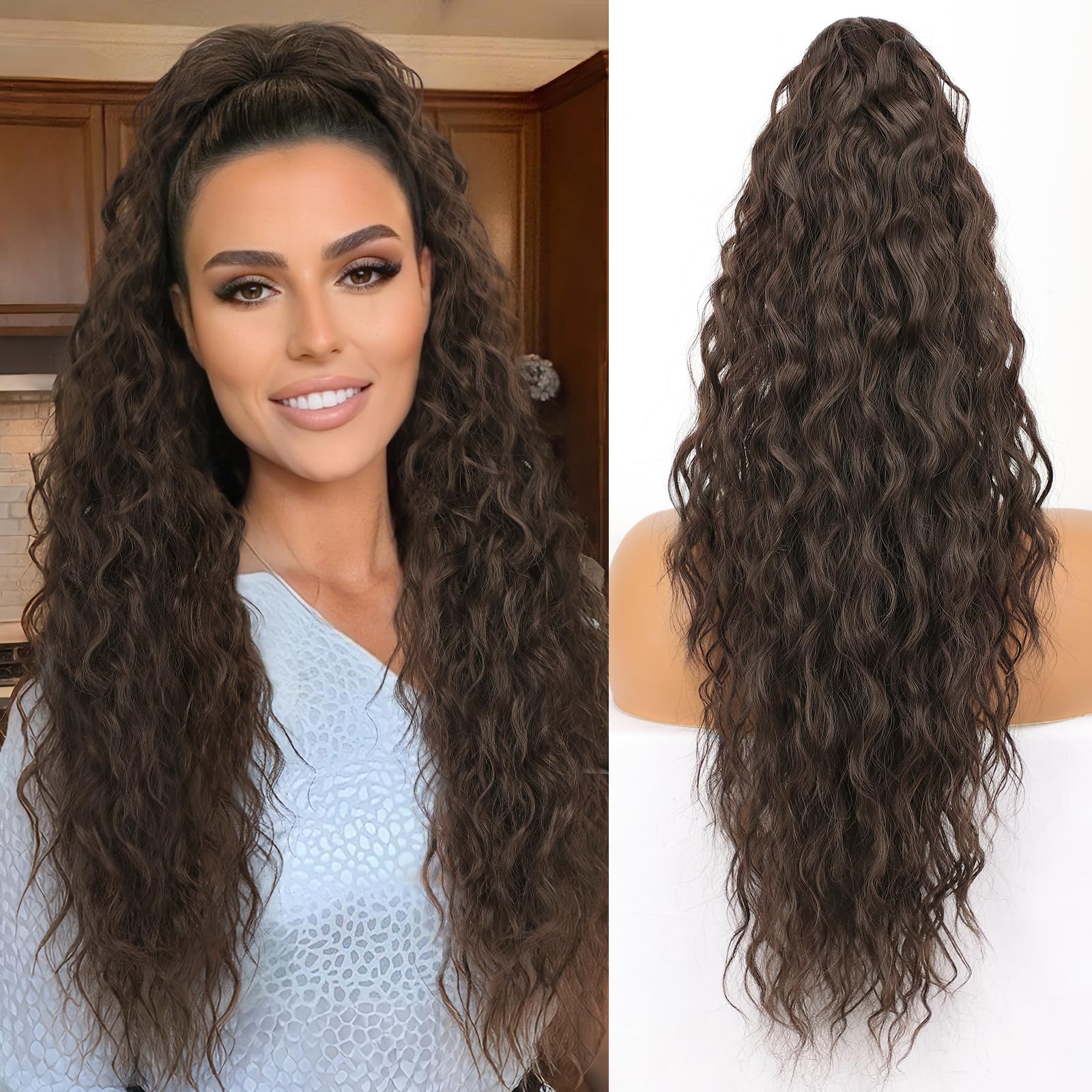 ORSUNCER Ponytail Extension Claw 26" Curly Pony Tail Clip in Claw Hair Extensions Fluffy Natural Looking Synthetic Hairpiece for Women Dark Brown