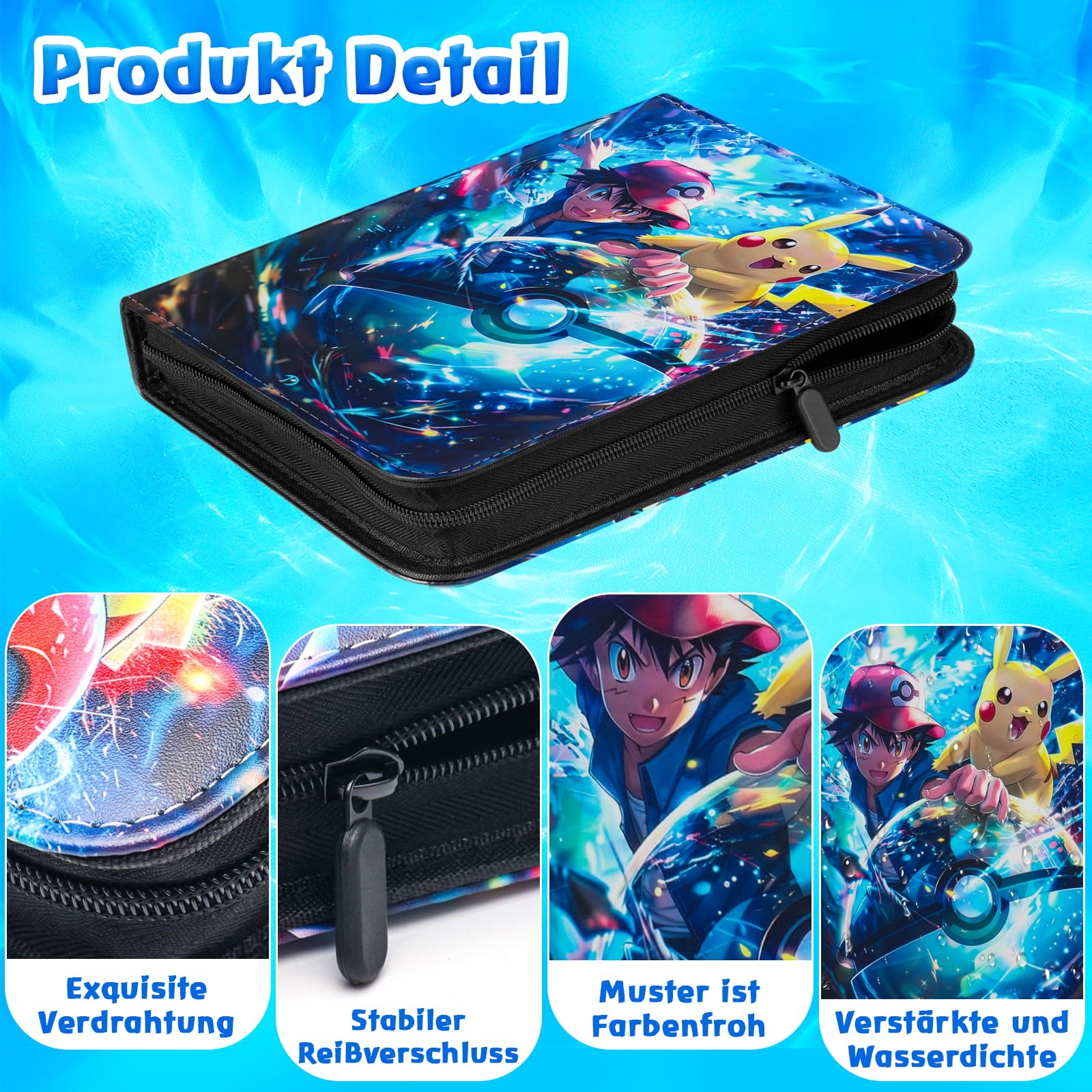 LYAILOOGXL 4 fächer Sammelalbum für Pokemon, Reißverschluss Sammelkarten Album Passt für 400 Karten mit 50 Abnehmbaren Hüllen, Sammelmappe Geschenk für Kartensammler - 5