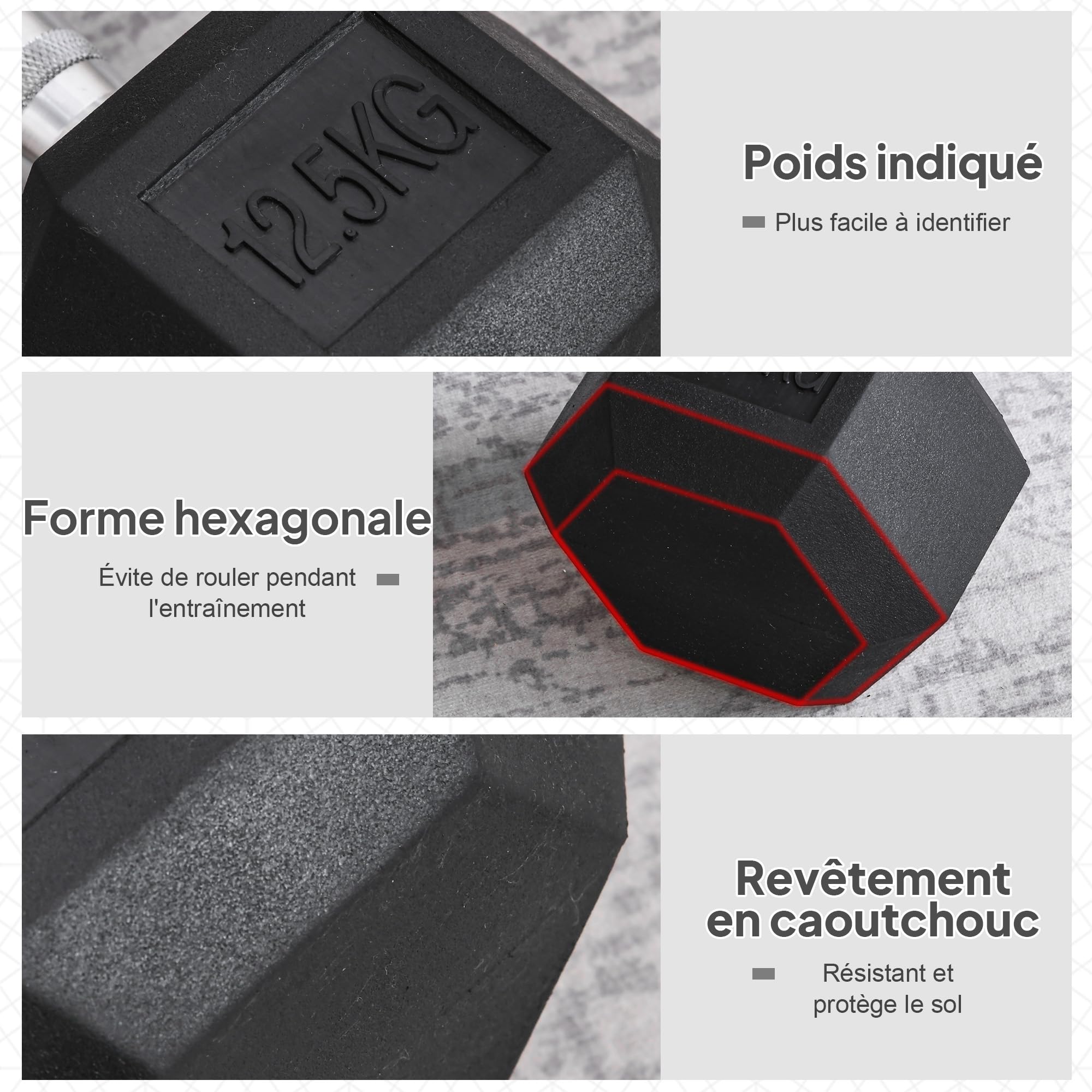 HOMCOM Haltère courte poids 12,5/15/20/25 Kg - Haltère hexagonale entraînement musculaire & haltérophilie - métal caoutchouc noir