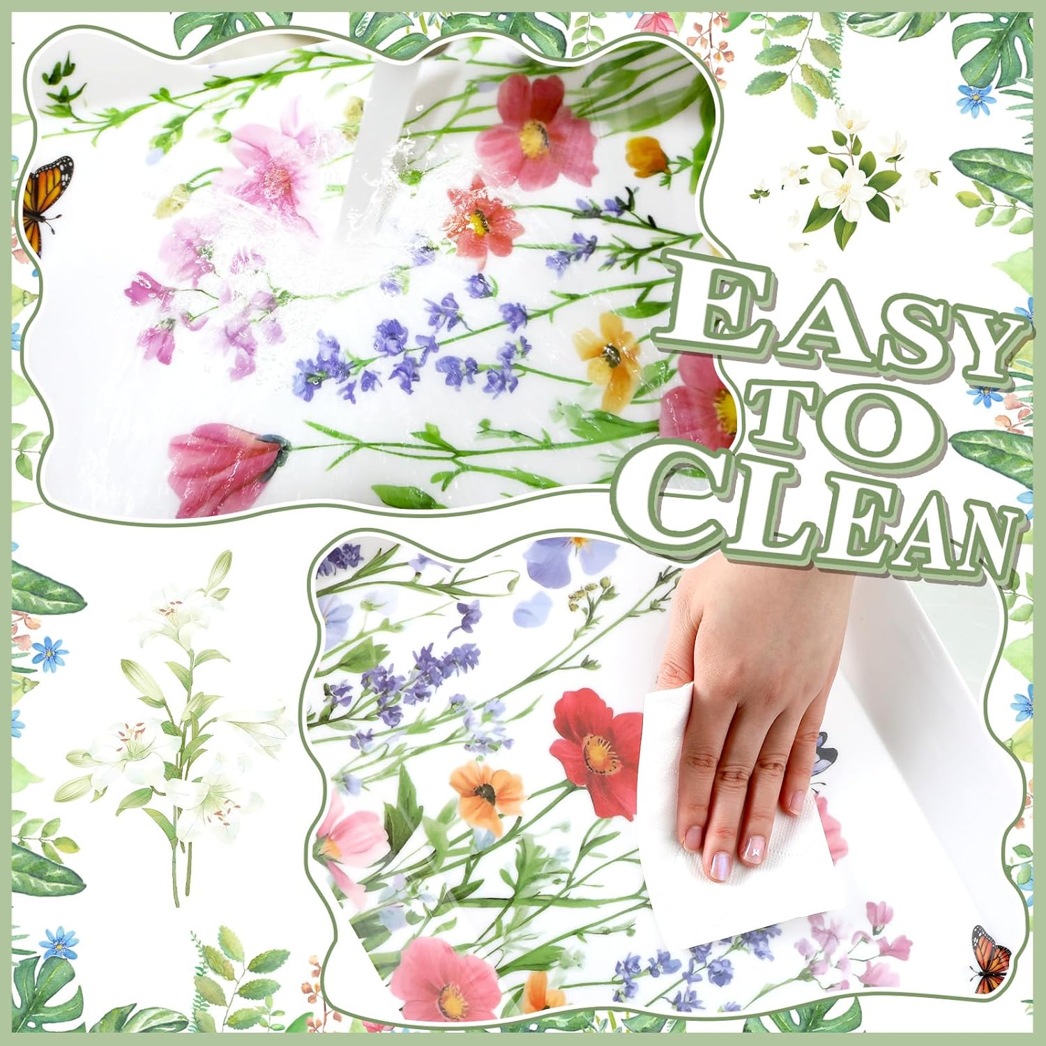 gisgfim 2PCS Spring Wild Flower Serving Trays 16.1 X 11.1 Inch Large Melamine Wildflower Trays Platters with Handles Watercolor Floral Butterfly Food Trays for Snacks Summer Birthday Party Decorations