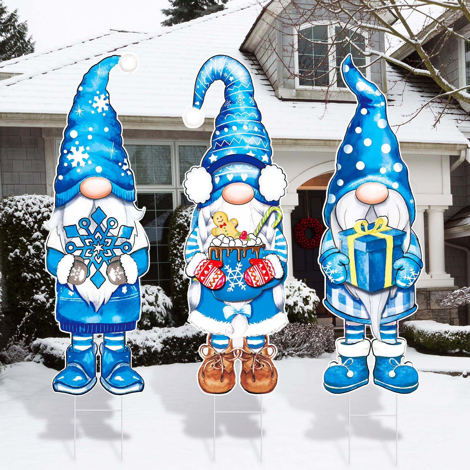 Umigy 3 Pcs Winter Gnome Yard Signs Large Winter Outdoor Sign with Stakes 32 x 10 Inch Holiday Large Gnome Santa Yard Stakes Lawn Decor Home Farmhouse Pathway Walkway Decor