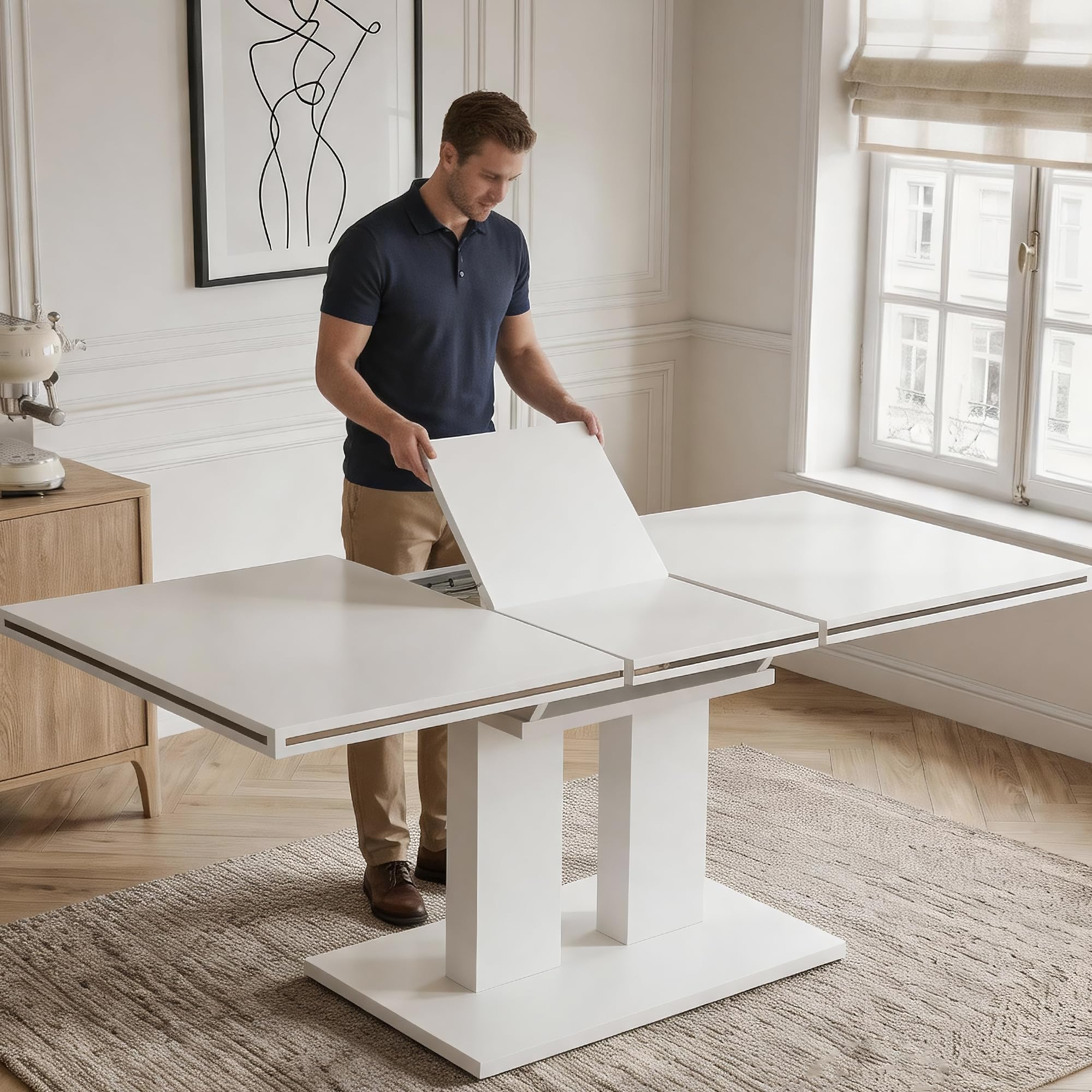 JIEXI Esstisch Ausziehbar, weißer MDF-Tisch 140-180cm für Küche, Esszimmer | Moderne Hochglanz-Tischplatte, stabiles Untergestell, Platz für 6-8 Personen, flexibel für Alltag, Gäste und kleine Räume