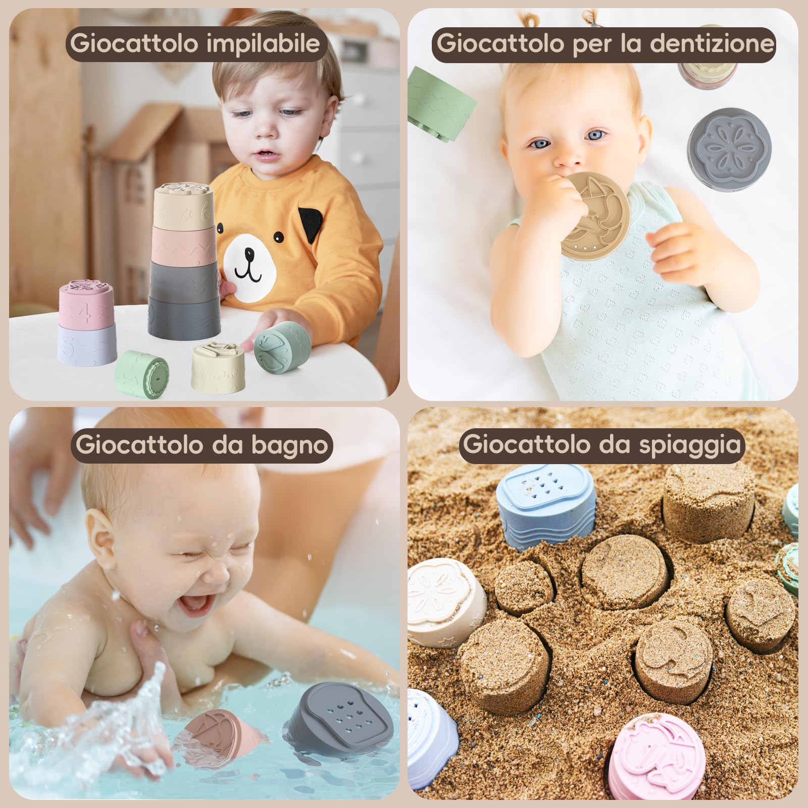 Impilabili Giocattoli Bambini 9 Pezzi 3-6-12 Mesi, Bambino Montessori Educativi Impilabili in Silicone Morbido, Giochi Dentizione Neonato, Regali Bimba Bimbo 1 2 Anno