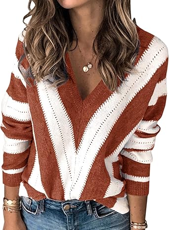 PRETTYGARDEN Sweaters for Women 2025 Long Sleeve Striped Knitted V Neck Pullover Jumper Tops Fall Outfits Fashion Clothing