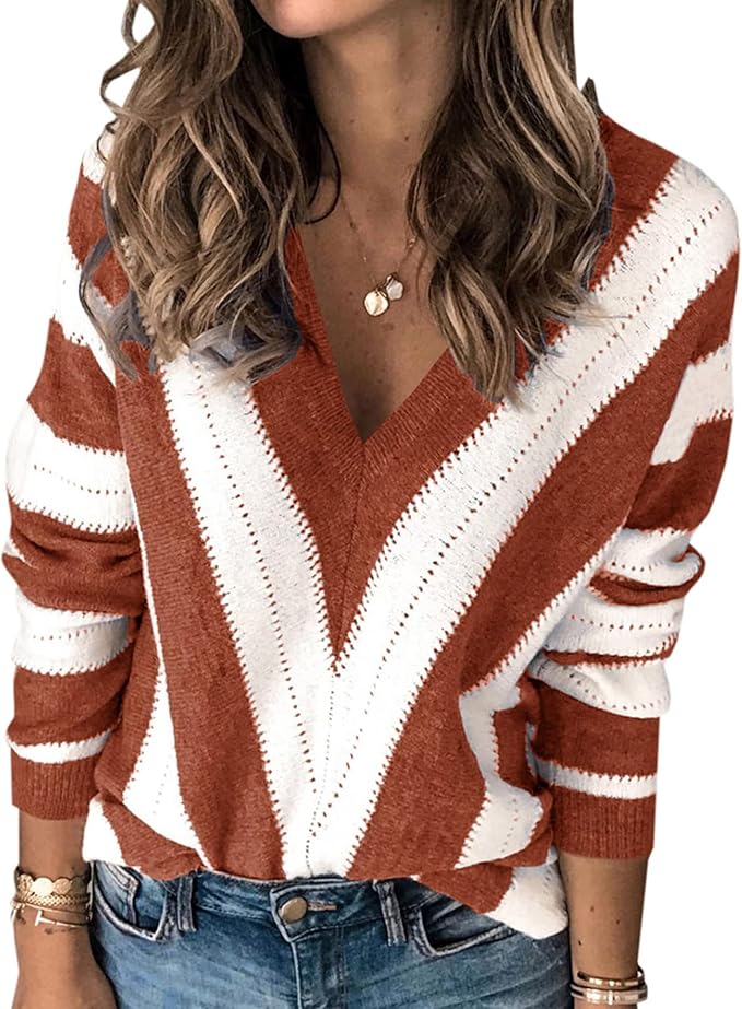 PRETTYGARDEN Sweaters for Women 2025 Long Sleeve Striped Knitted V Neck Pullover Jumper Tops Fall Outfits Fashion Clothing