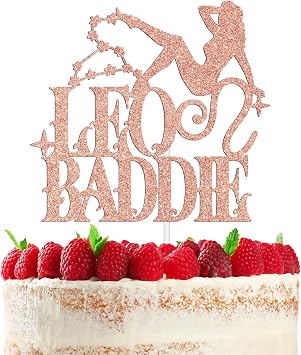 Leo Baddie Cake Topper, Big Leo Energy Cake Decor, 12 Constellation July August Happy Birthday Horoscope Zodiac Themed Birthday Party Decoration Supplies, Rose Gold Glitter