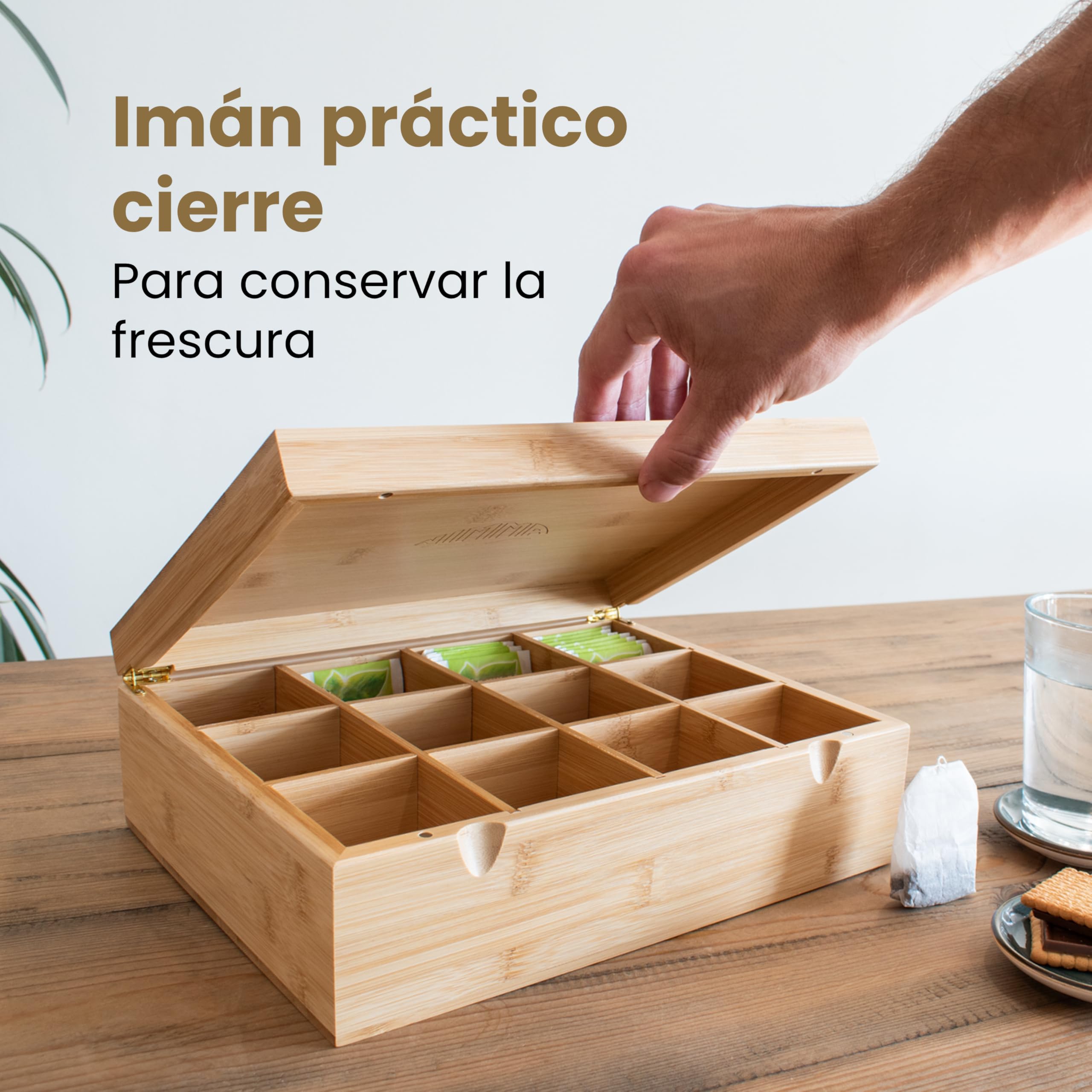 NIMMA Cajas para té – Caja de té de madera con cierre magnético – Adecuada para Pickwick, Lipton y más – Compartimentos extra grandes para bolsitas de té y té suelto (1, Marrón, 12 compartimentos)