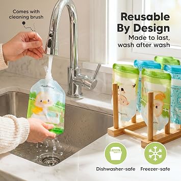 12-Pack Reusable Baby Food Pouches Refillable, 5oz, BPA-Free (Little Zoo) | Dishwasher-safe, Freezer-safe Reusable Pouches for Toddlers, Kids Squeezable Yogurt, Apple Sauce, Baby Fruit Puree Container