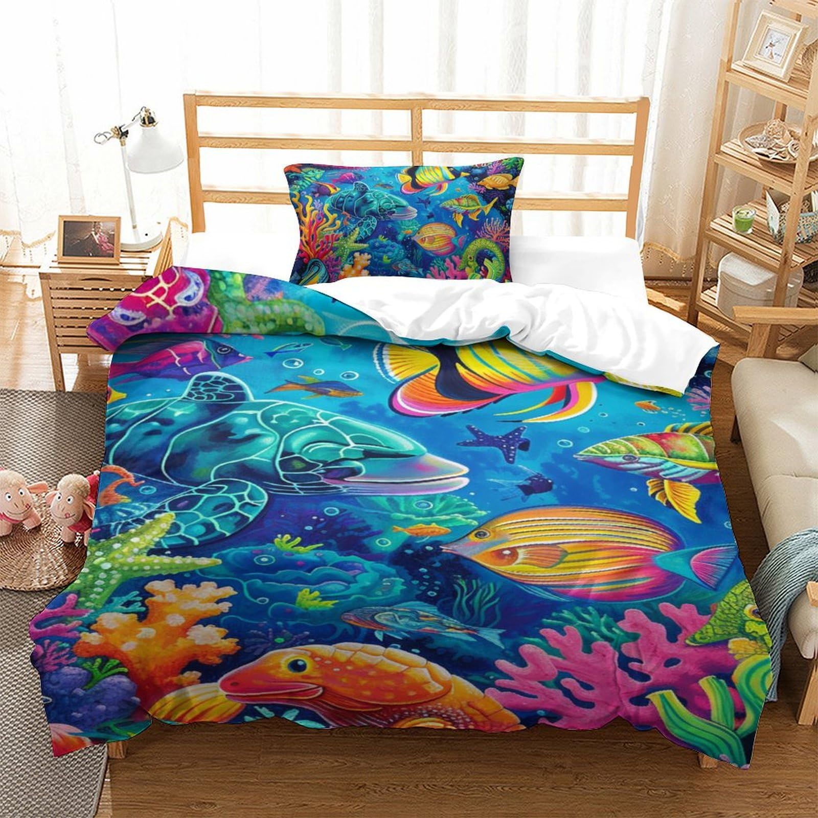Housse de couette organismes marins 135x200 idéale pour chambre d'enfant