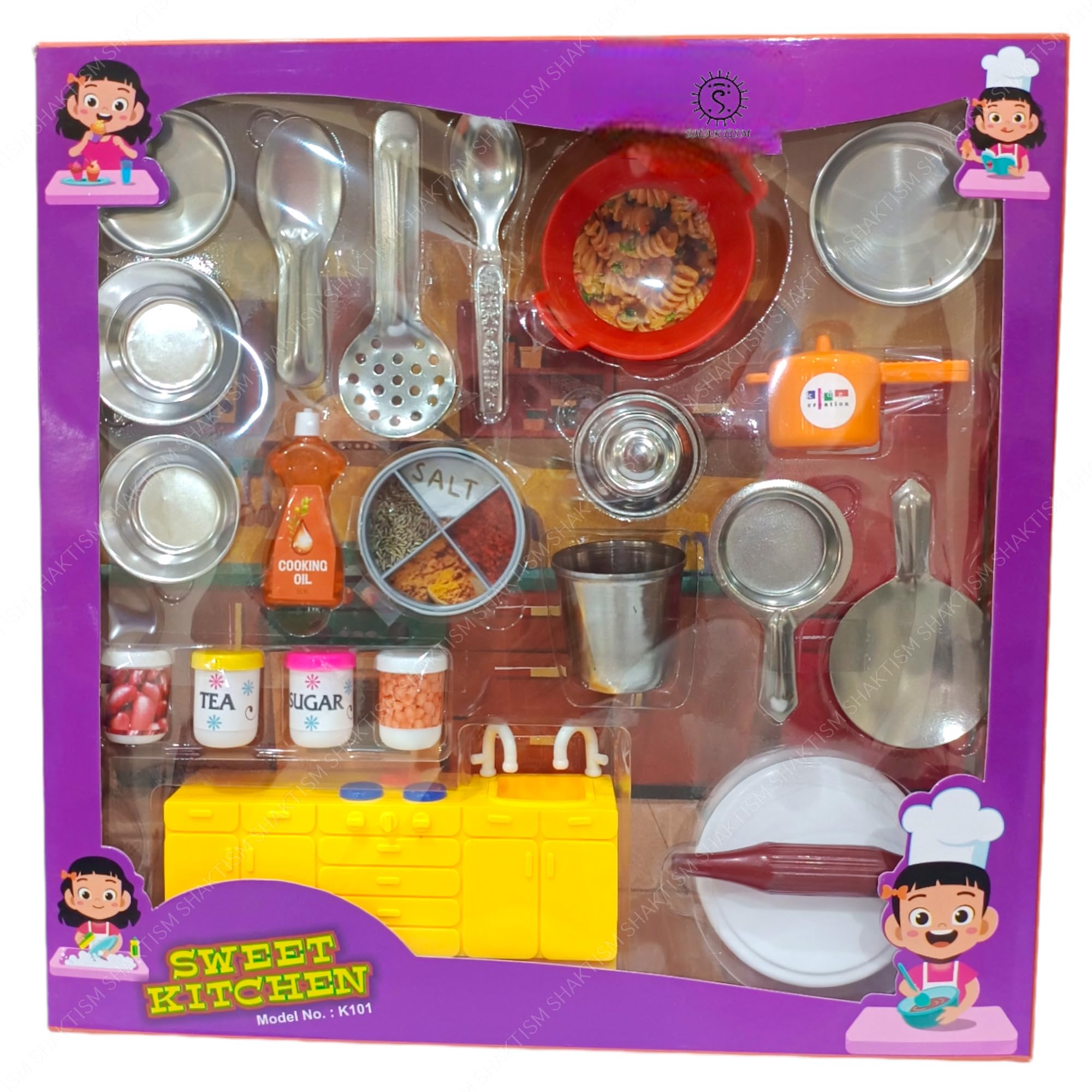 Steel Kitchen Set Toys for Kids, Role Playing Kitchen Set of Stainless Steel with Wooden Chakla Belan Set, Master Chef Role Playing Kitchen Set Master Chef (Sweet_KitchenSet_100F)