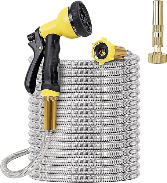FOXEASE Metal Garden Hose 75FT - Stainless Steel Heavy Duty Water Hose with Metal Nozzle & 8 Function Sprayer, Portable & Lightweight Kink Free Yard Hose, Outdoor Hose