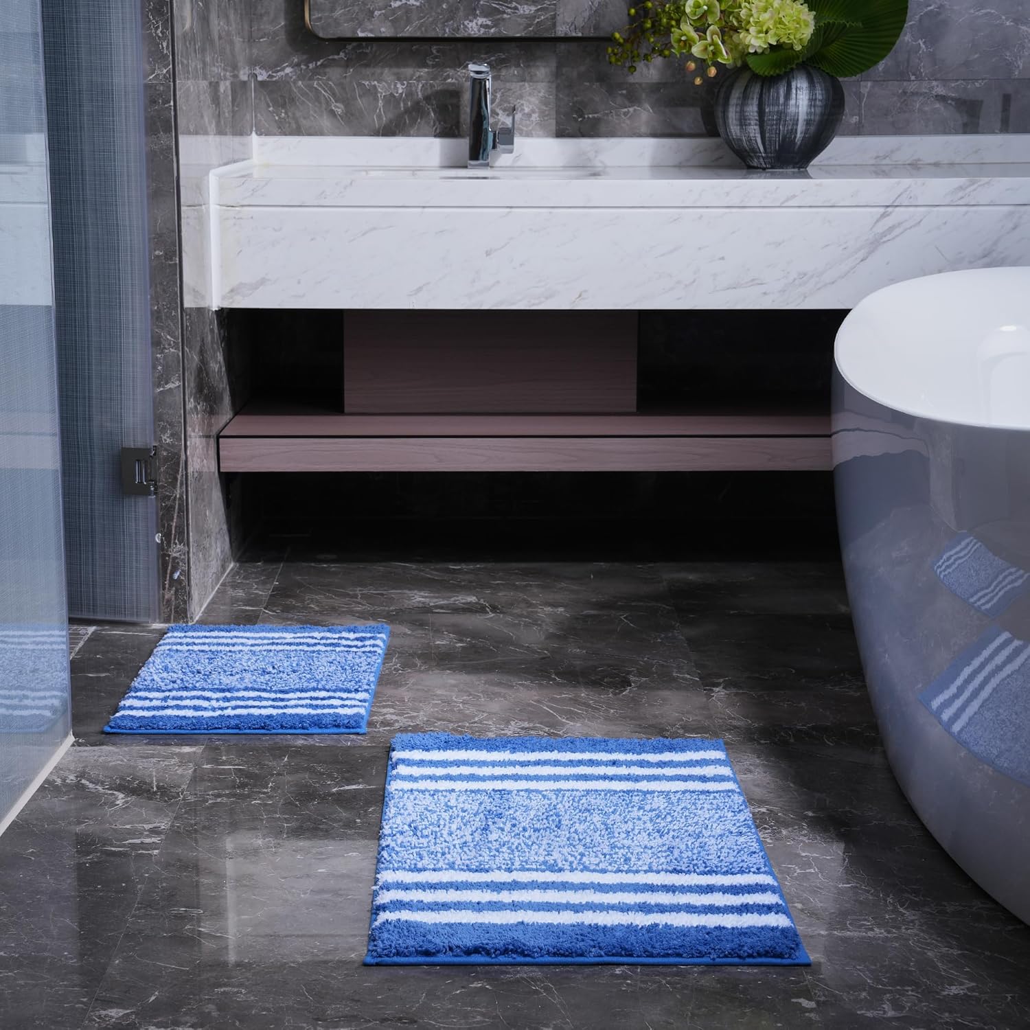 3-Piece Striped Bath Rug Set with U-Shaped Toilet Rug, Non-Slip Rubber Bottom, Soft Absorbent Microfiber, Quick Dry, Ultra Soft, Bath Mats for Tub - Sky Blue