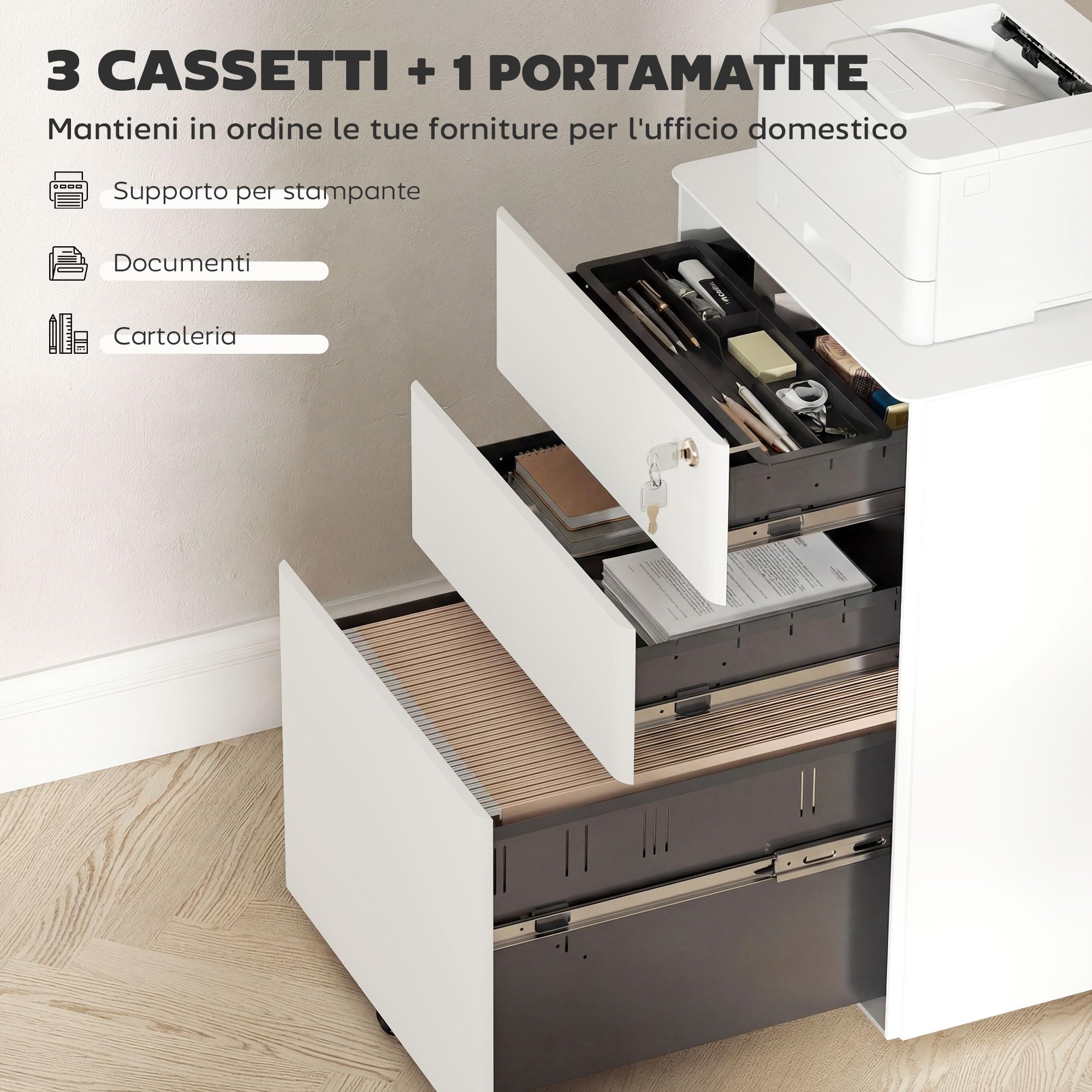 Vinsetto Cassettiera da Ufficio 3 Cassetti e Serratura, Cassettiera per Scrivania con Rotelle in Acciaio, 39x48x59 cm, Bianco