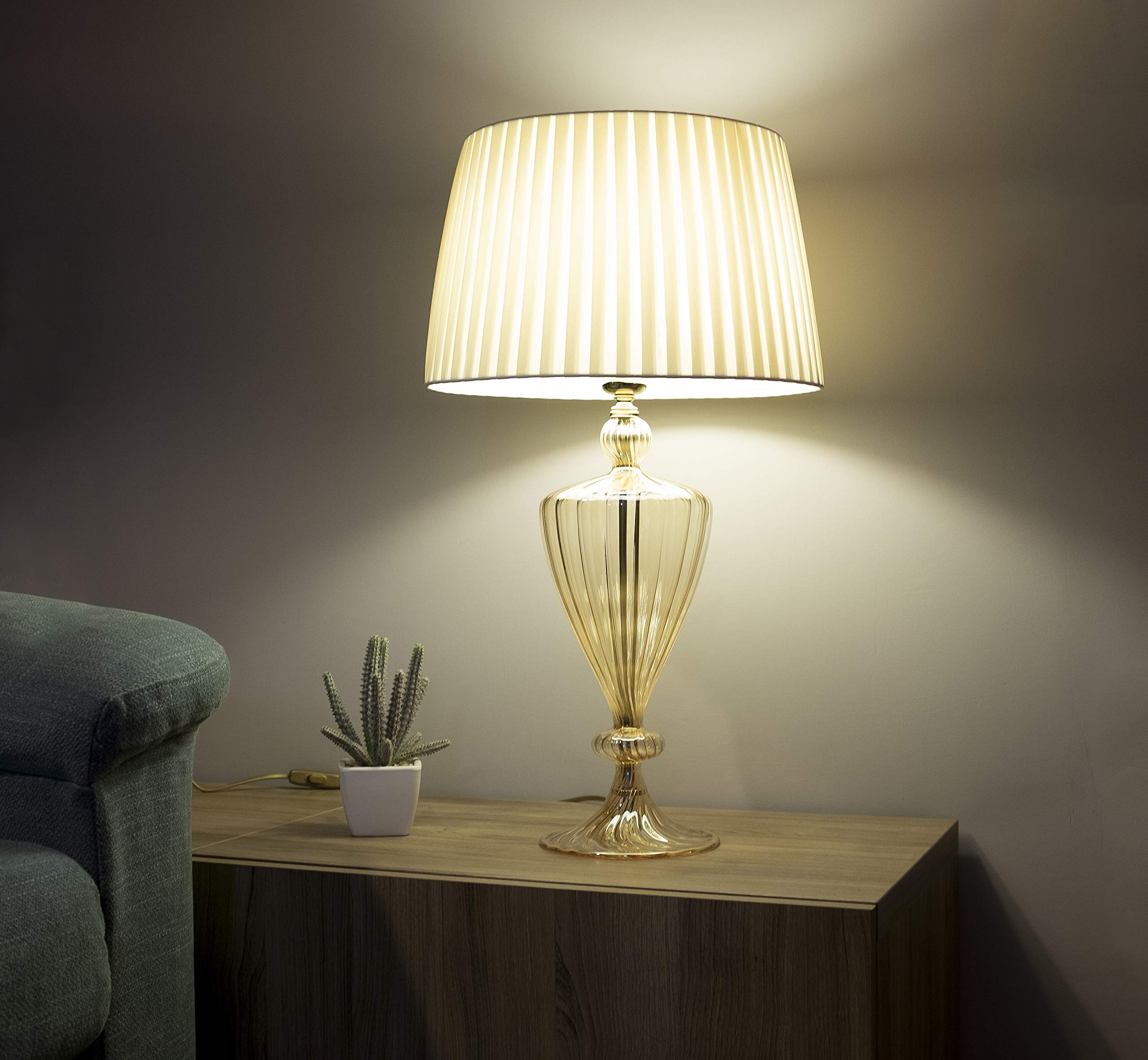 Cuore: Lampada Elegante di Cristallo Soffiato Ambra Lume da Tavolo e da Comodino con Paralume Avorio Fatto a Mano prodotto in Italia per Soggiorno, Camera da letto, Ingresso, Studio