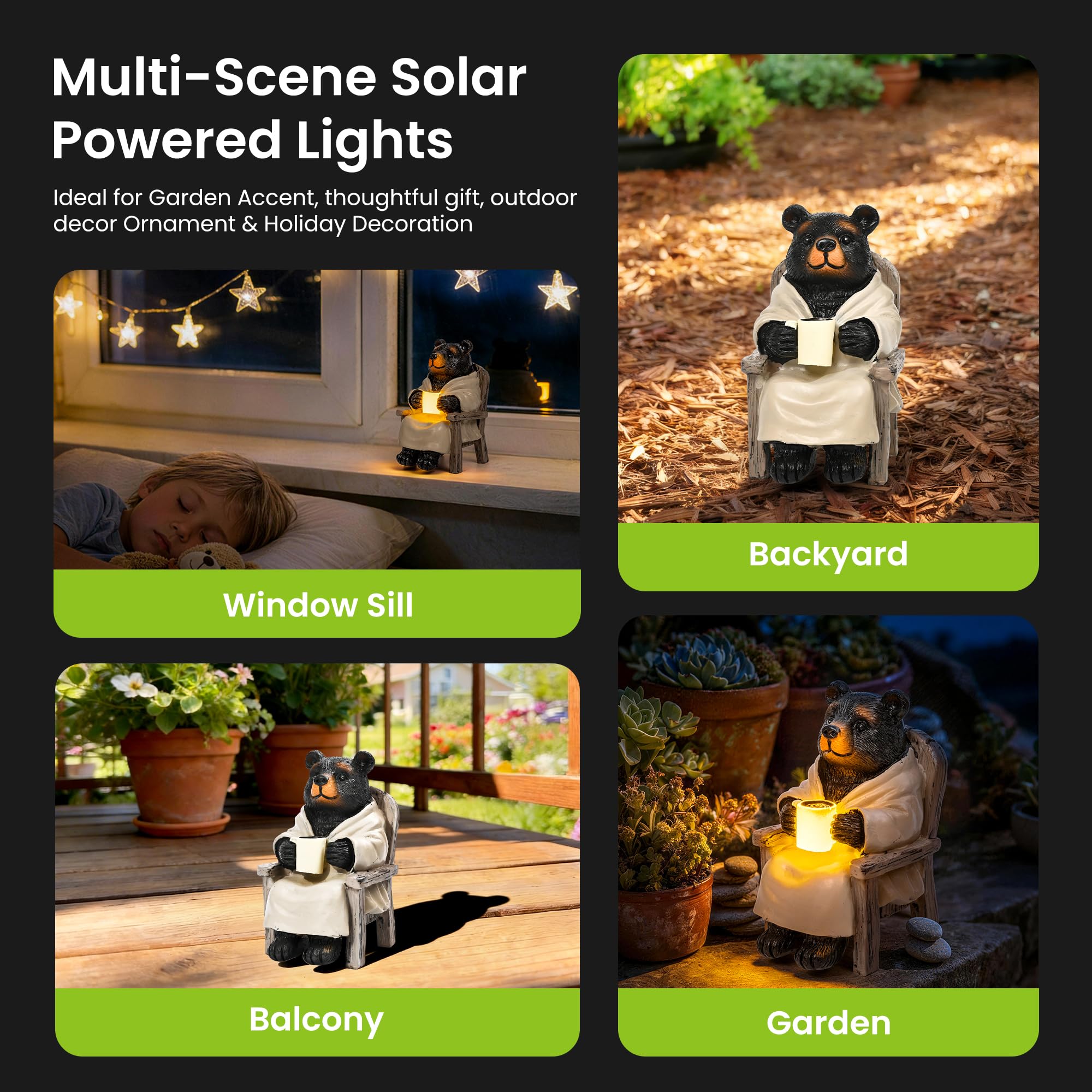 SOWSUN Estatua de jardín, decoración solar de oso negro con luz, decoración al aire libre para patio, césped, balcón, regalo de Navidad/cumpleaños para mamá y mujer