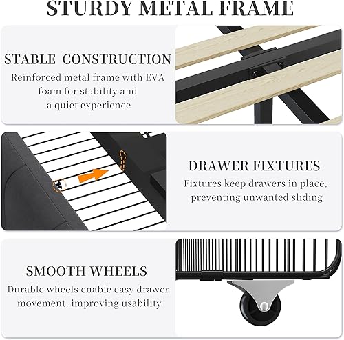 Miniatura 7 de Yaheetech Base de cama tamaño matrimonial tapizada con 3 cajones de almacenamiento, gran espacio de almacenamiento, listones de madera fuertes,