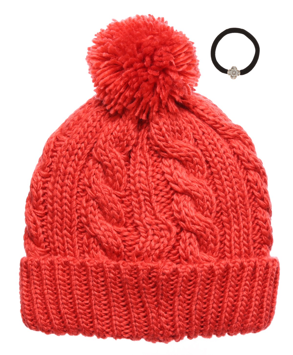 NewhattanNewhattan Women's Thick Oversized Cable Knitted Fleece Lined Pom Pom Beanie Hat with Hair Tie.