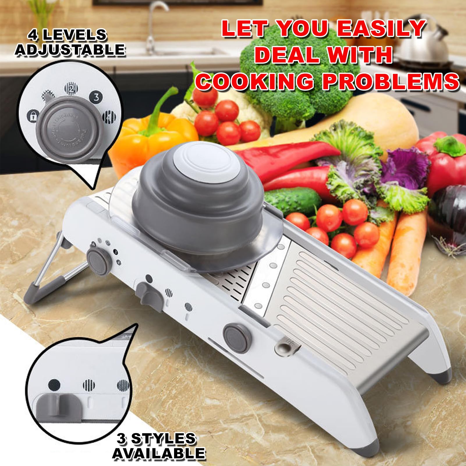 All-in-One-Mandolina per Verdure Professionale, Mandolina Affettatrice Regolabile, Taglia Verdure Manuale con Lame Regolabili Integrate, Tagliaverdure Multifunzione per Cipolla Cetriolo Carote Frutta