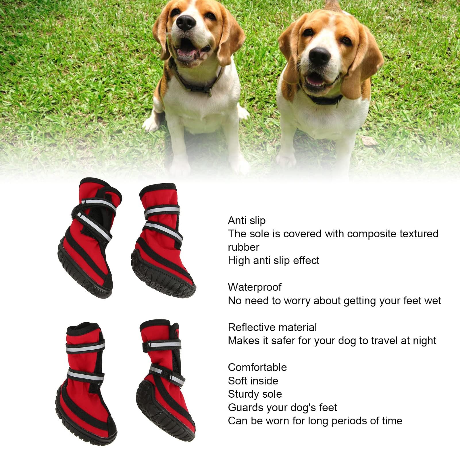 Pssopp Wanderschuhe für Hunde, 4 Stück, Verbundstruktur, Gummi, rutschfeste Stiefelsohle, Hundestiefel für Spaziergänge im Freien (Größe XL, Rot)