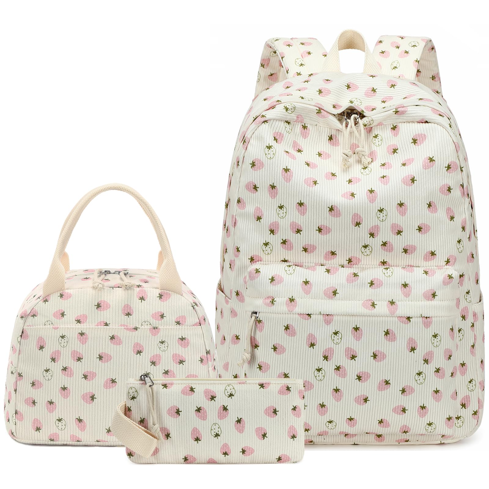 LOIDOU Rucksack für Teenager Mädchen Bookbags Kinderrucksack Kinder Schulrucksack mit Lunchpaket Federmäppchen Schulranzen Set für Schule (Erdbeere beige)