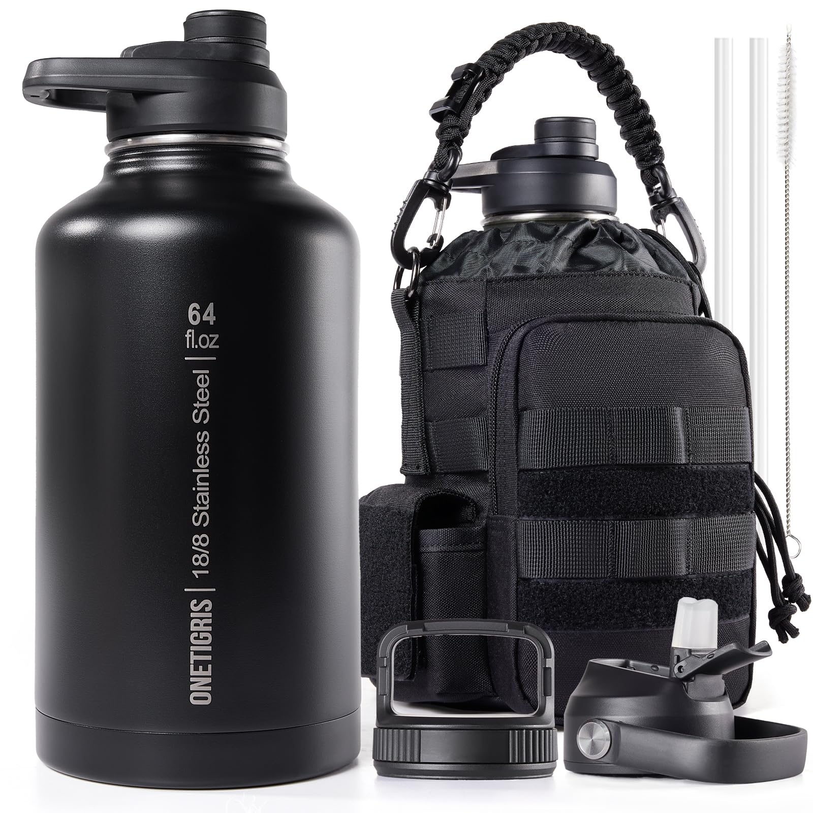 OneTigris Borraccia in acciaio inox 1,9L, alta capacità, borraccia sportiva con buon effetto isolante per bicicletta, campeggio, yoga, palestra, softair, nero, 64 OZ