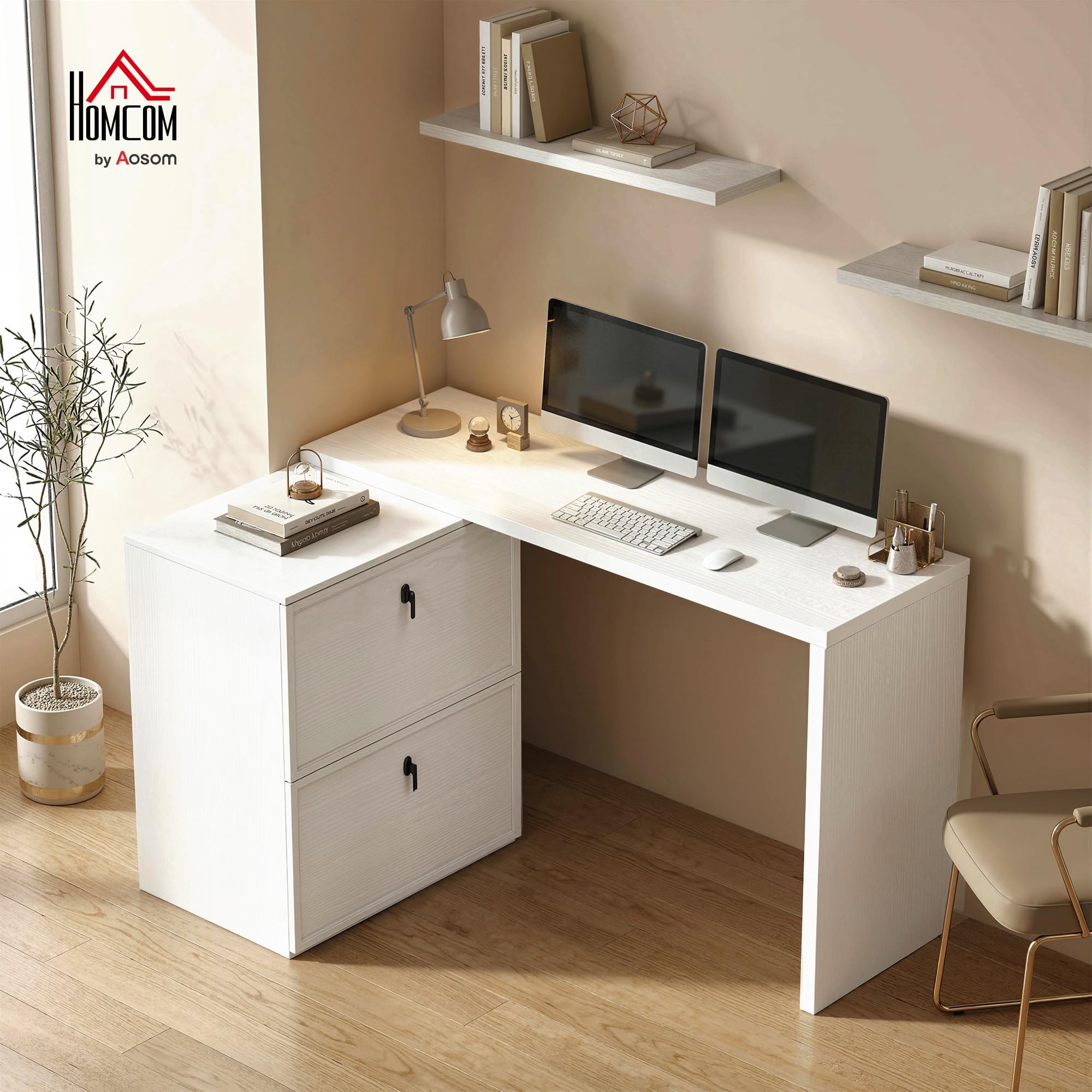 HOMCOM Escritorio Reversible en Forma de L con 2 Cajones Blanco