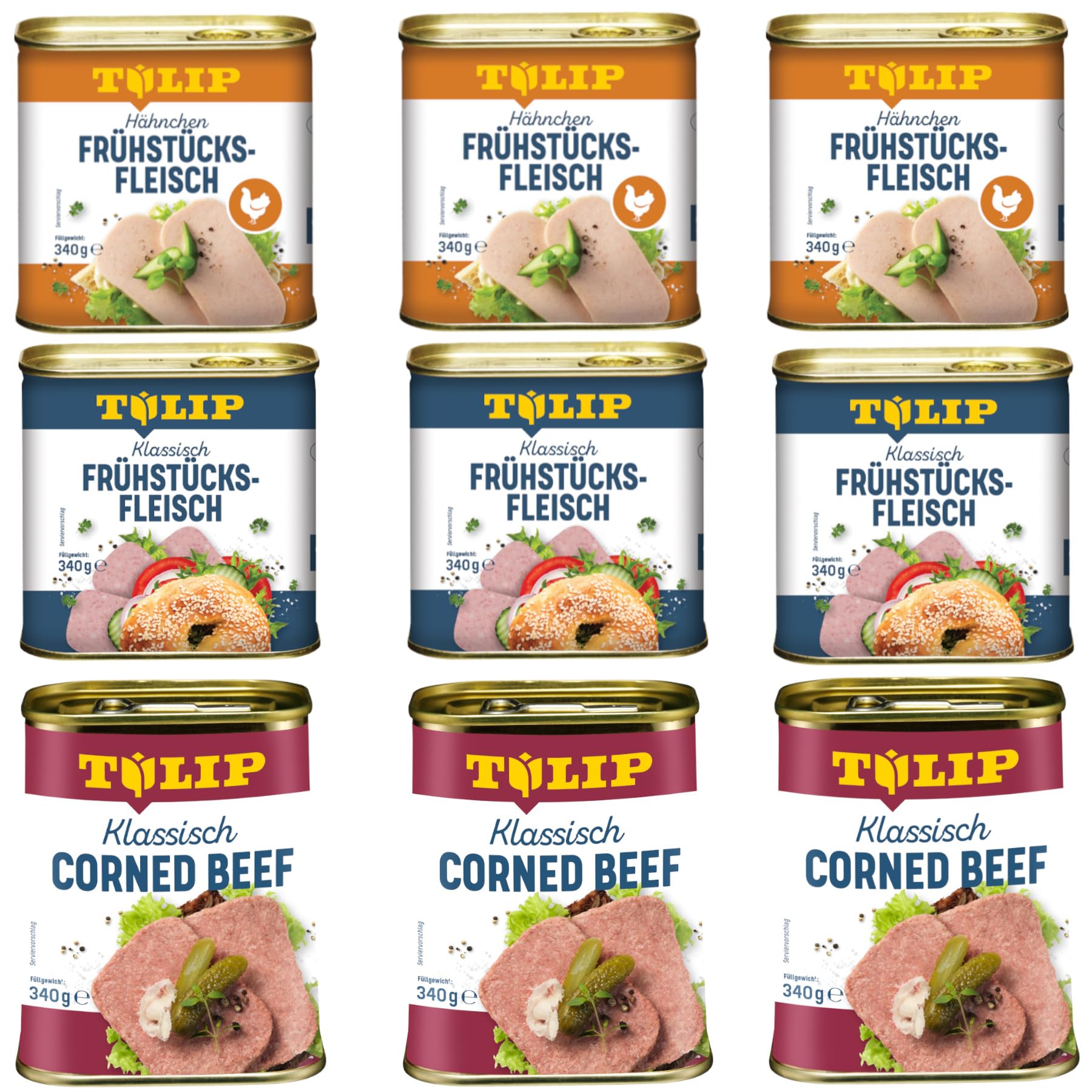 TULIP 3x Klassisches Corned Beef 340g + 3x Hähnchen-Frühstücksfleisch 340g + 3x Schweine-Frühstücksfleisch 340g | 98% Rindfleisch 86% Schweinefleisch 80% Hühnerfleisch | Konservenfleisch