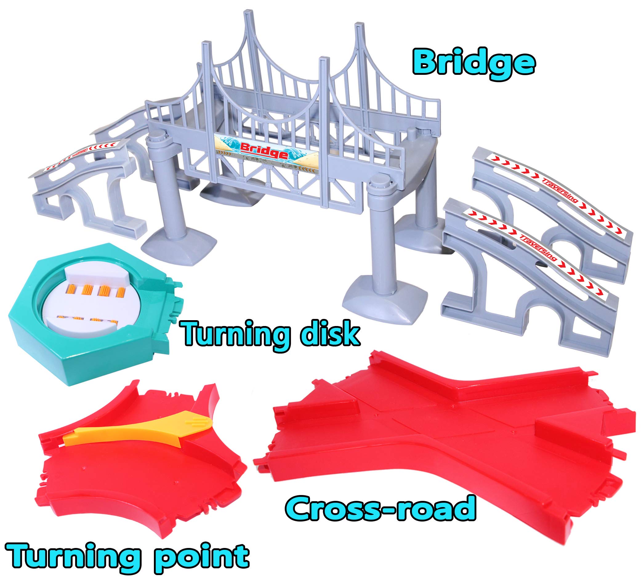 HAPISIMI Accessories Set for Magic Tracks, Including 1 Bridge, 1 X-Crossroad, 1 Turning Point, 1 Turning Plate, Compatible with Magic Trackk or Neo Twister Track