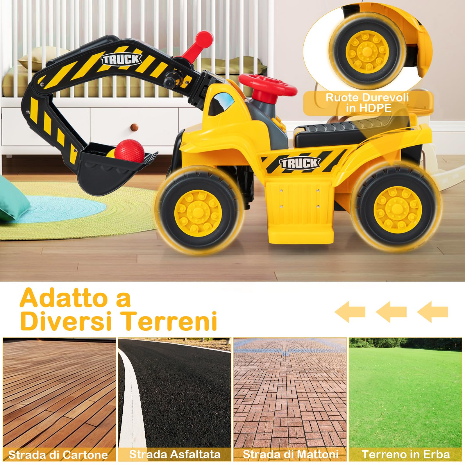 COSTWAY Escavatore Elettrico per Bambini, Ruspa con Vano Clacson ed Effetti Sonori, Canestro da Basket Pieghevole e 3 Palline, Giocattolo per Scavare per Bambini 2 Anni +