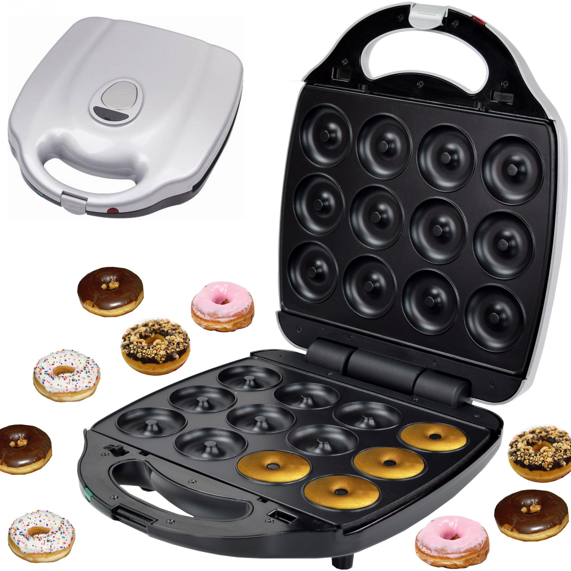 Syntrox Germany Kombigerät mit Wechselplatten, 2000 Watt Leistung, Edelstahl, Silbernes Design, Antihaftbeschichtet, einfache Reinigung, Küchenmaschine (Donut)
