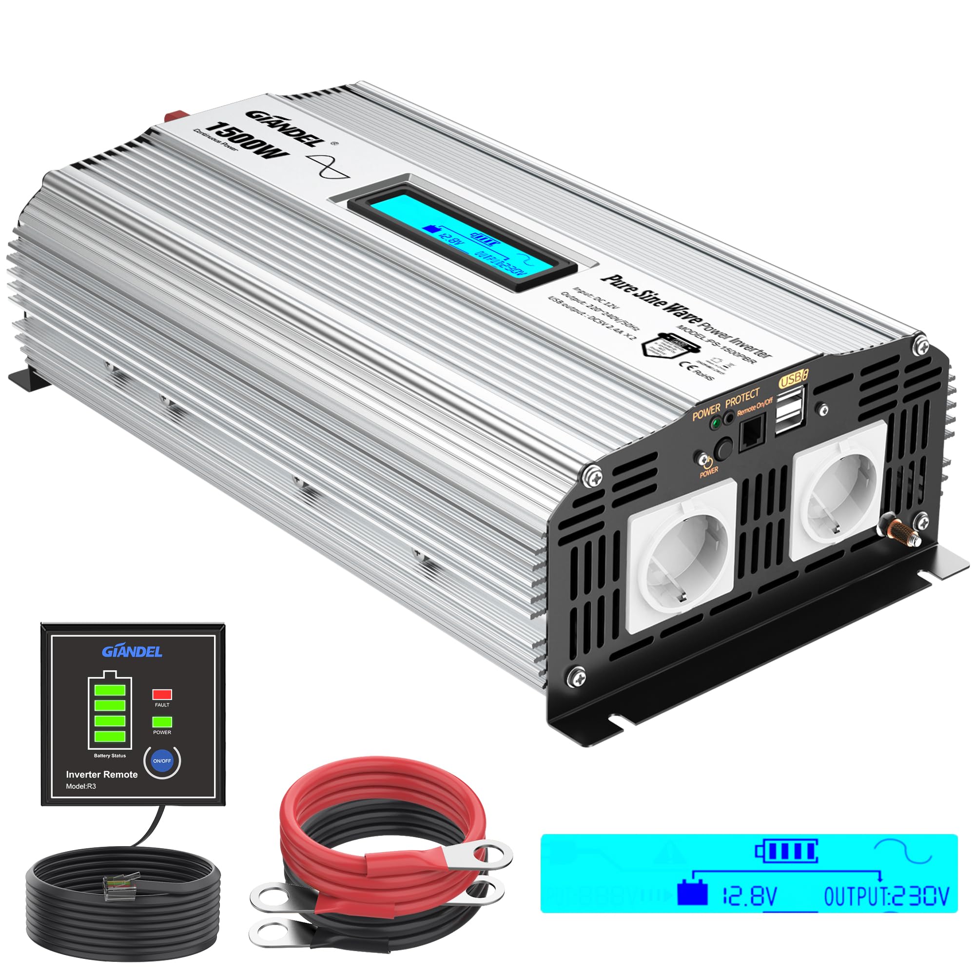 GIANDEL Czysty sinusoidalny falownik 1500 W DC 12 V na AC 230 V przetwornica napięcia z 2,4 A, podwójne porty USB i pilot zdalnego sterowania oraz wyświetlacz LCD do samochodów ciężarowych