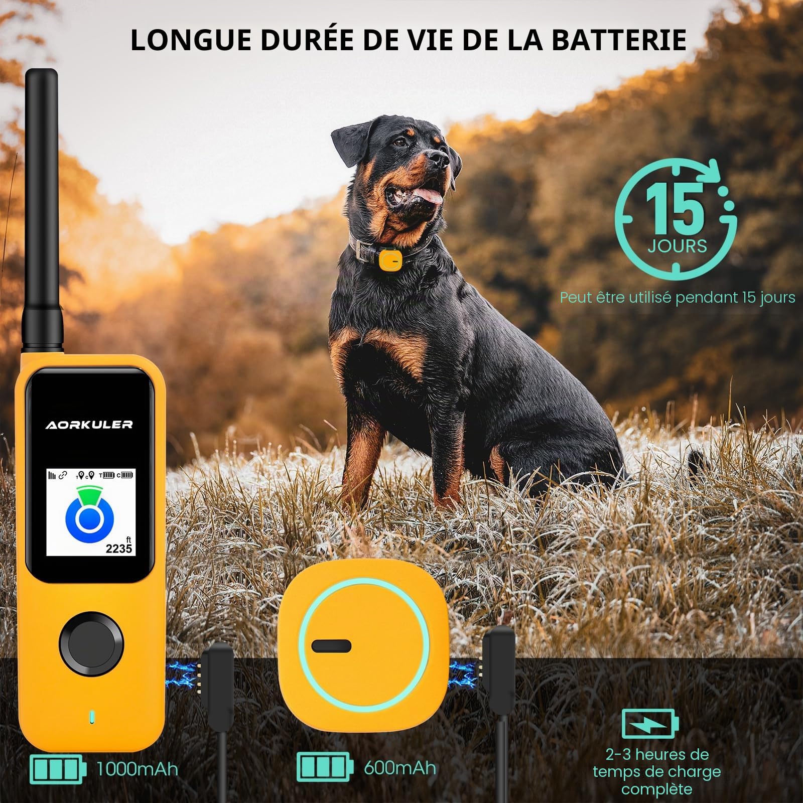 Tracker GPS portable Sans frais mensuels, pour chien et chat Localisateur en temps réel Étanche (Tracker 2) Jaune