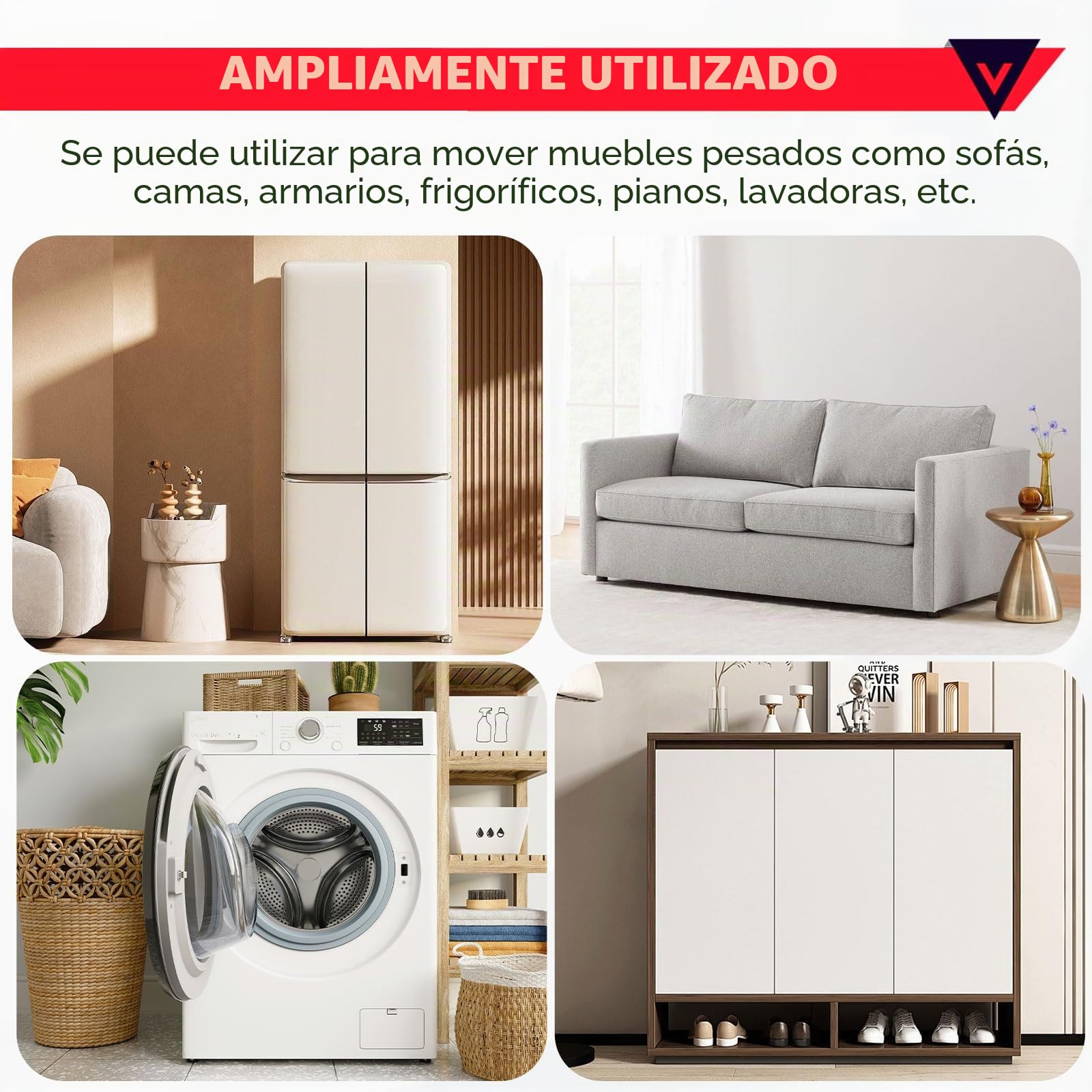 Juego de Elevador de Muebles, Ruedas para Mover Muebles con Barra de Extensión de 630 mm, 4 Ruedas 360 Grados para Muebles, Carga Máxima 500 kg, para Mover Refrigeradores, Sofás, Lavadoras, etc.
