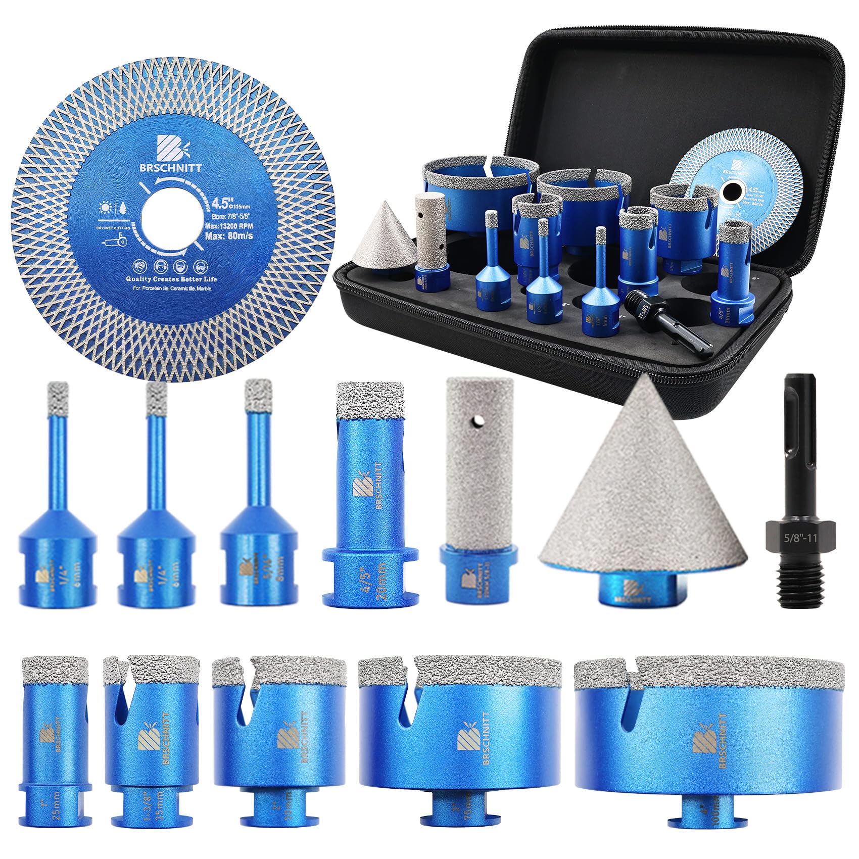 Diamond Core Drill Bit Set - BRSCHNITT Tile Hole Saw Kit 1/4*2"5/16"4/5"1"1-3/8"2"3"4"& 4/5" Finger Bit & 2" Chamfer Bit for Porcelain Tile Ceramic