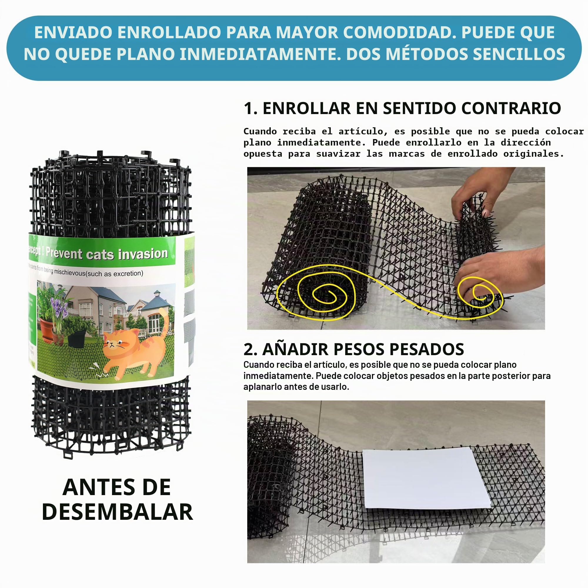 Alfombrilla Repelente de Mascotas, Blanca, 1,98 m con 8 Estacas para el Suelo 8 Bridas, Alfombrilla Repelente de Gatos con Púas Suaves para Jardín/Patio Trasero, Alfombrilla Disuasoria de