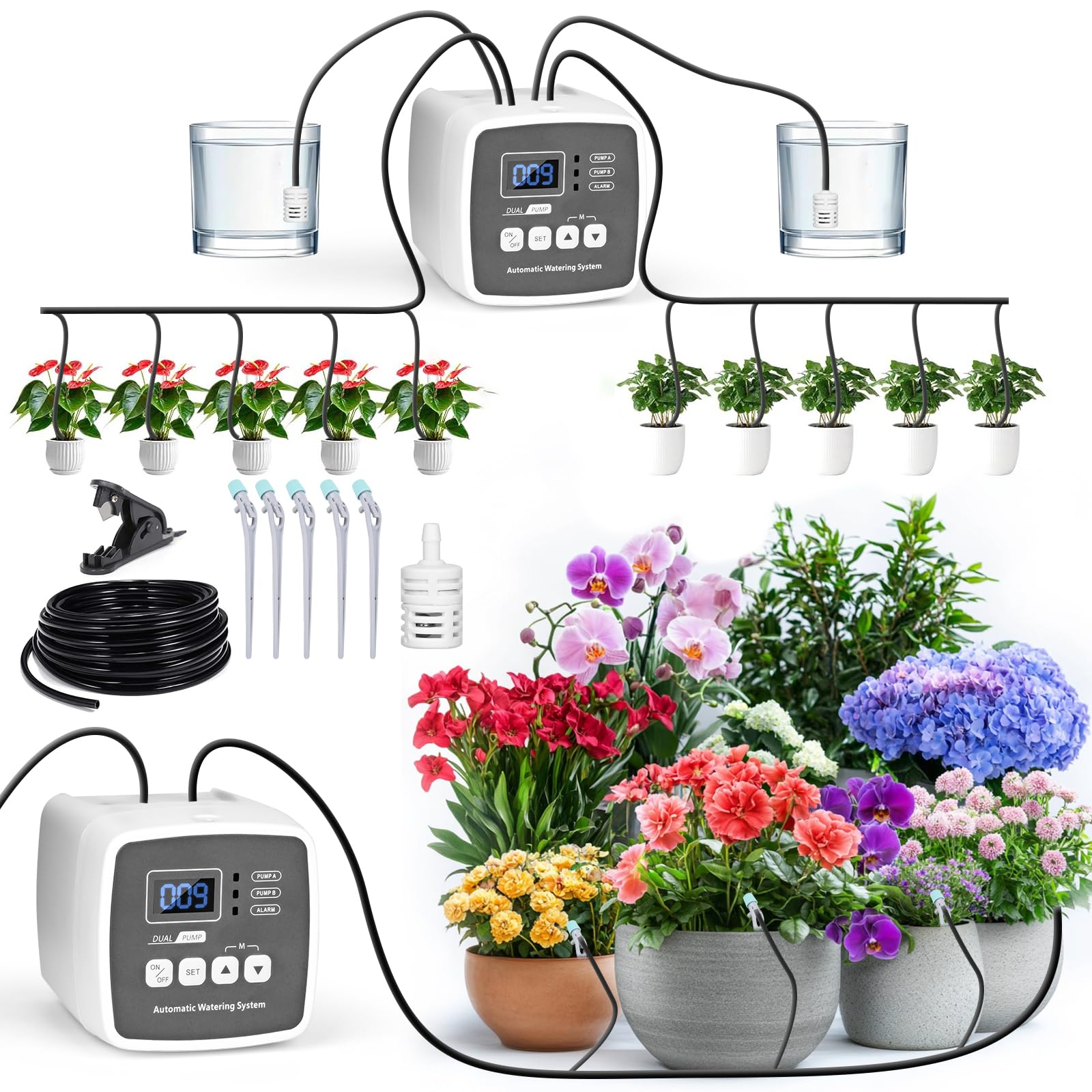 Système D'arrosage Automatique D'intérieur pour 20 Plantes en Pot,Arrosage automatique avec 2 pompe à contrôle indépendant avec 15M Tuyau rechargeable pour Jardin, Balcon, Interieur
