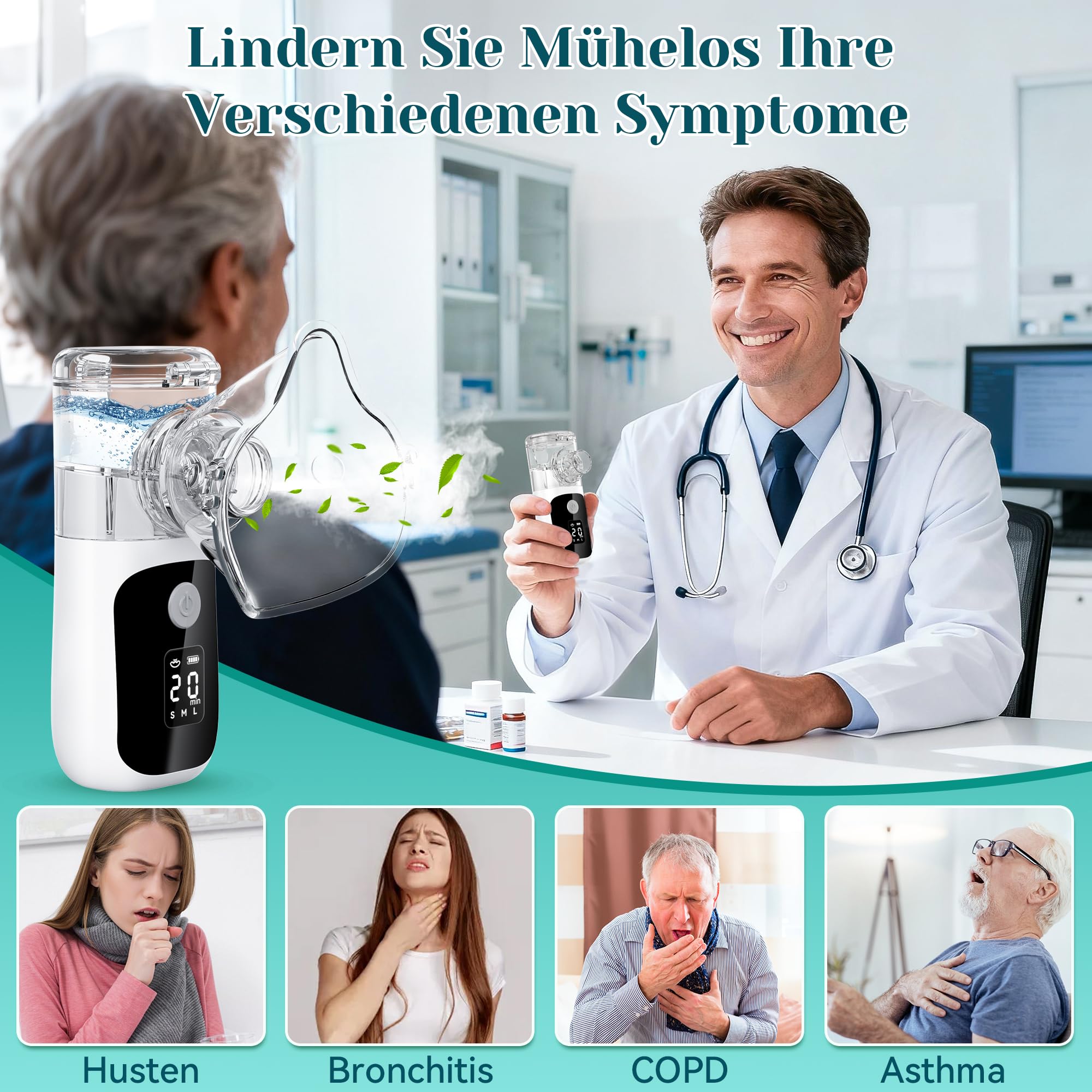 Inhalationsgerät,Inhaliergeräte für Erwachsene Kinder,USB Aufladbarer Leiser Inhalator mit Mundstück 2 Masken, Portable Vernebler mit Selbstreinigungsfunktion,Einstellbarer Sprühnebel, Countdown Timer