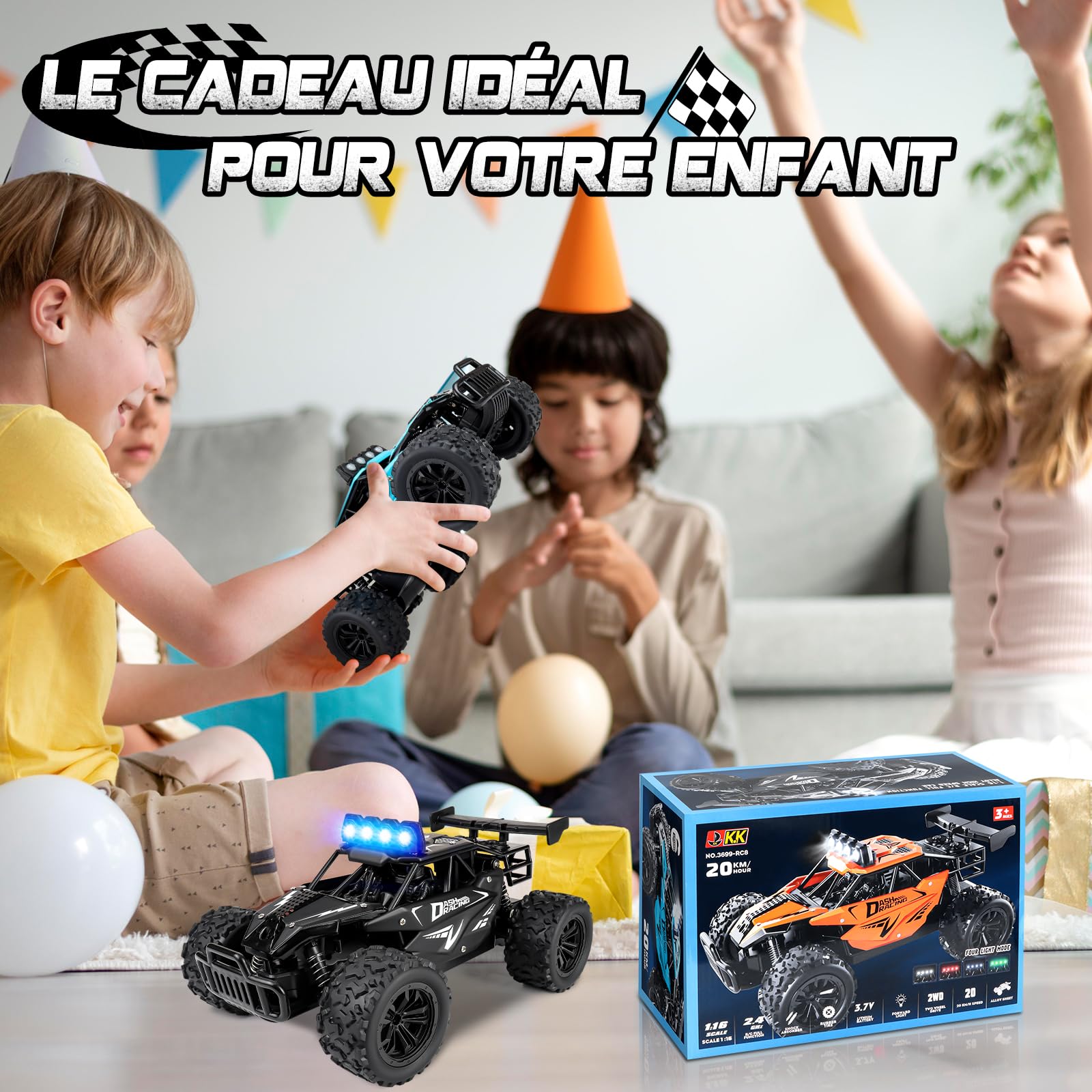 Joellfuner Voiture Ttélécommandée Tout Terrain, 1:16 2.4GHz Voiture Rc avec Lumière LED Quadrichromique, 2WD 20KM/H Buggy RC avec Vitesses Hautes et Basses, Cadeau pour Enfants Plus de 3 Ans (Noir)