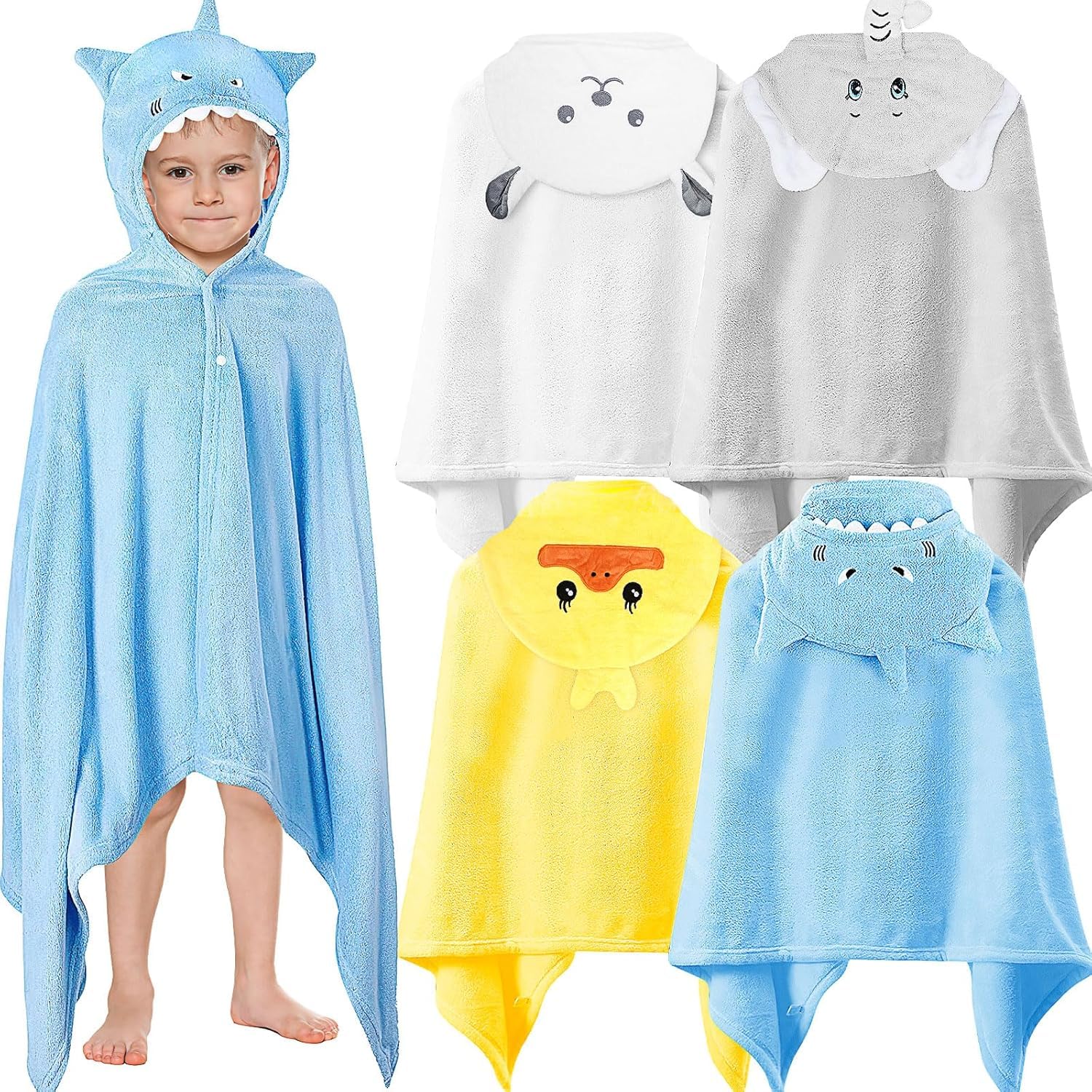 MSYU 4 Pcs Kids Hooded Bath Towel Set 140 x 68 cm Hooded Towel for Kids Large Kid Bath Towel Wrap for 3-10 Kid Boy Girl (Blue