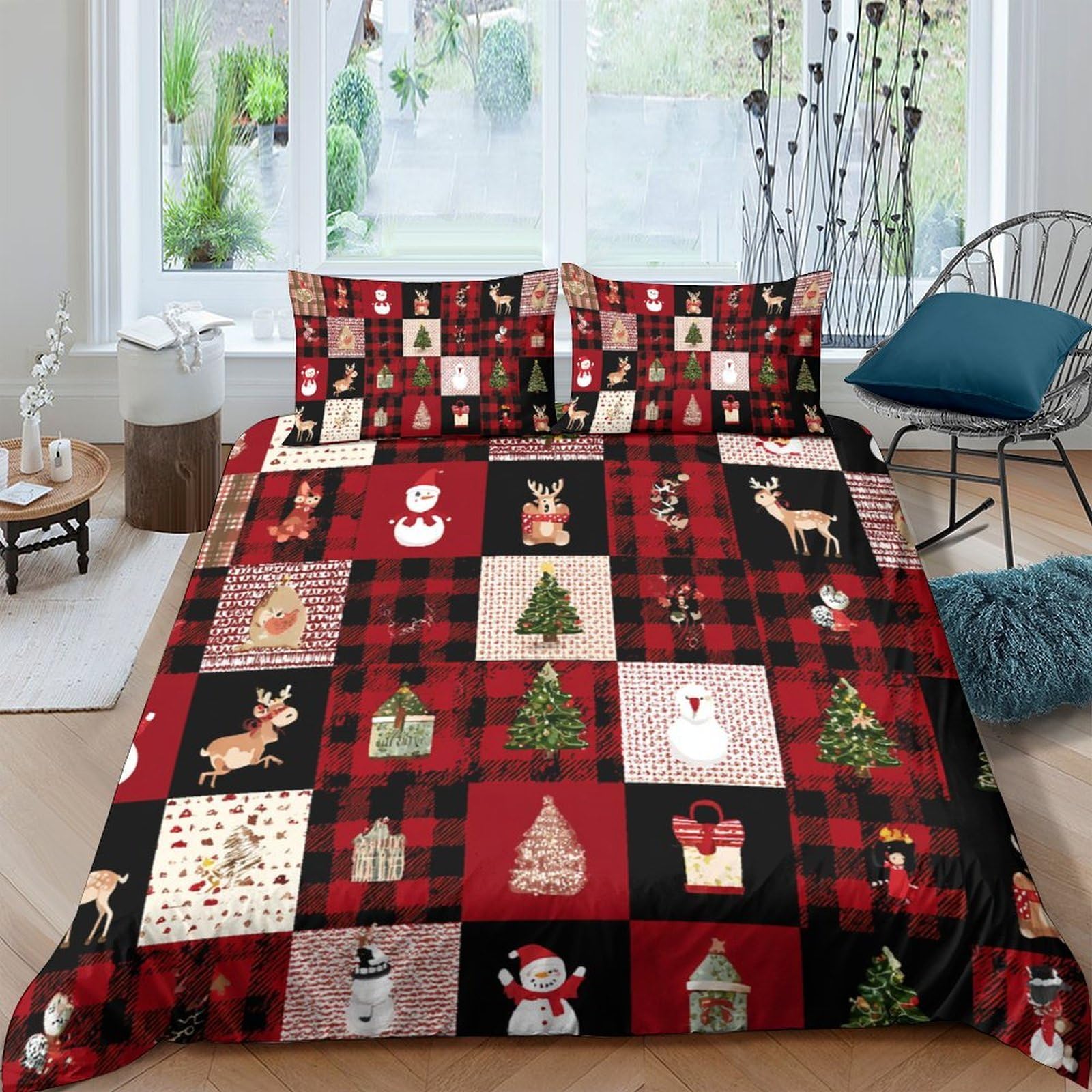 Ctjqhvkz Style-7 3D Printed Christmas Patchwork Fitted Sheet Microfiber Red Black Plaid Reindeer Tree Bed Cover For Bedroom Guest Room Single（135X200cm）