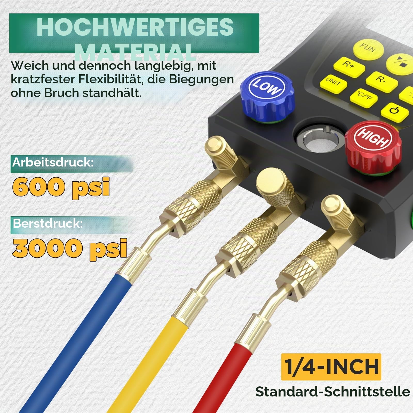 Digitales Monteurhilfe Manometer-Set für HVAC - Kompatibel mit R410a, R32, R22 Kältemittel, mit Temperaturklemmen und Kältemittelschläuchen, für Prüfung & Wartung von Klimaanlagen und Kühlschränken